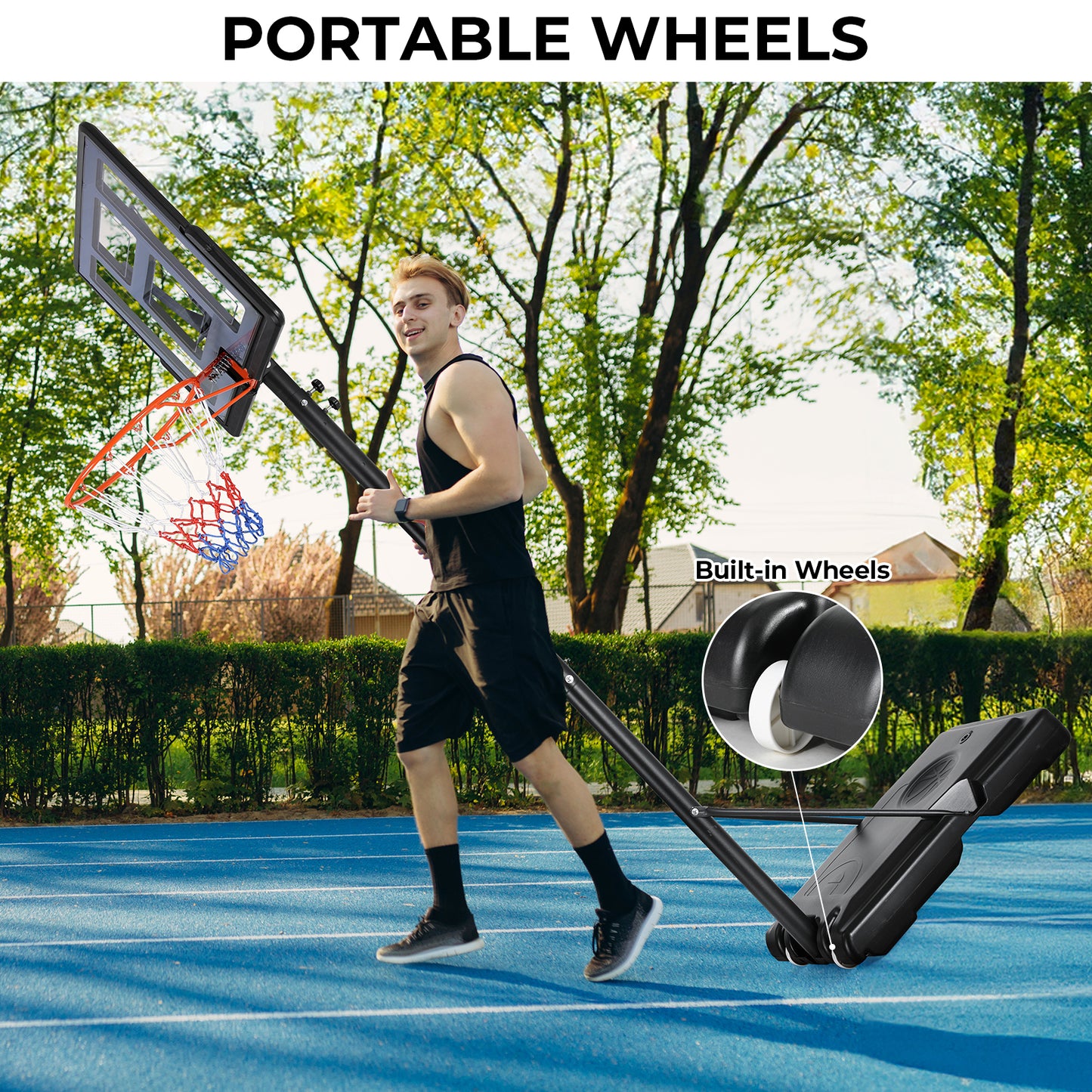 LAZY BUDDY Basketball Hoop, Outdoor Portable Basketball Goal System, 4.4-10 ft Height Adjustable for Kids Teen and Adult, with Wheels and Shatterproof