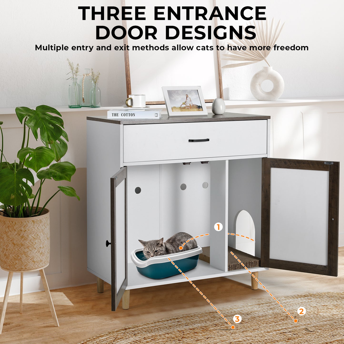 LAZY BUDDY Cat Litter Box Enclosure, Wooden Hidden Litter Box Furniture with Large Drawer and 2 Sisal Doors