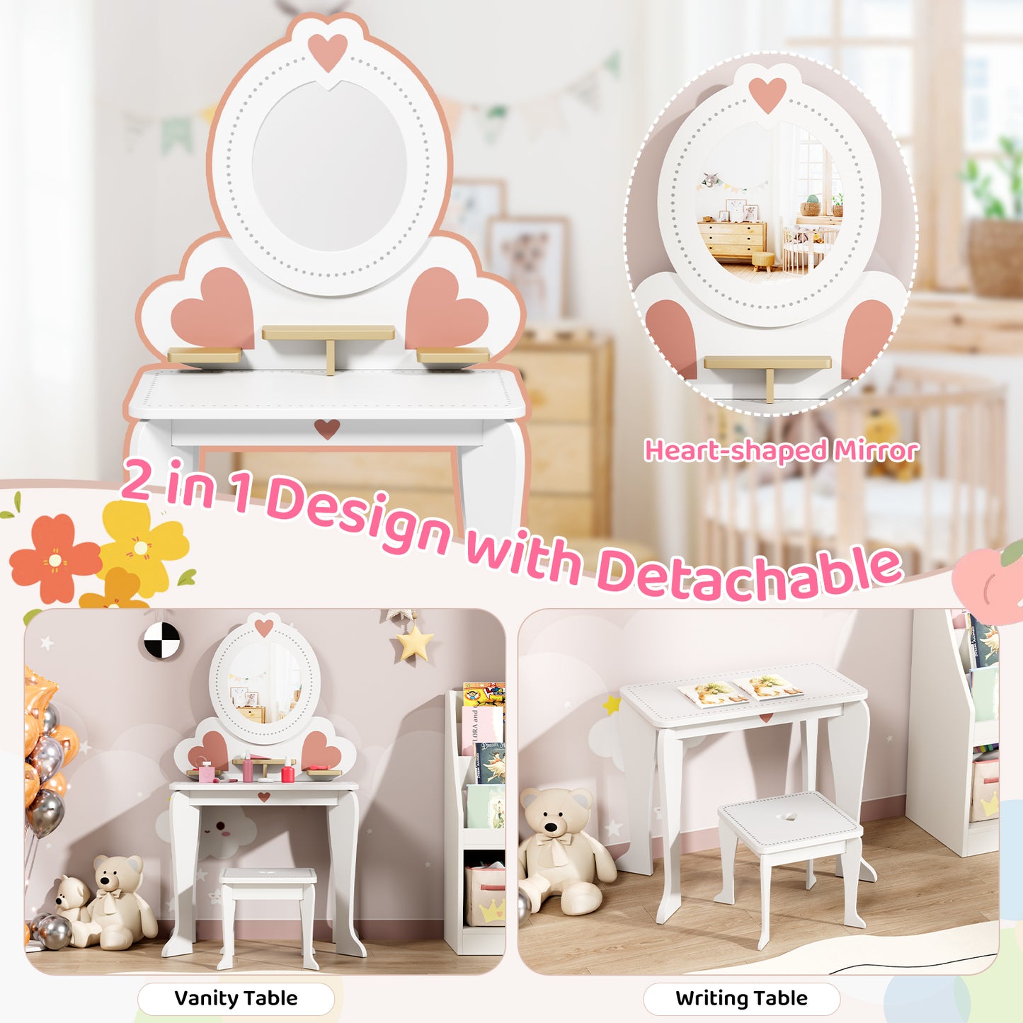 LAZY BUDDY Kids Vanity Set, Wooden Vanity Table and Chair with Mirror, Including 8pcs Pretend Play Makeup Accessories, Princess Dressing Makeup Table for Girls 3+