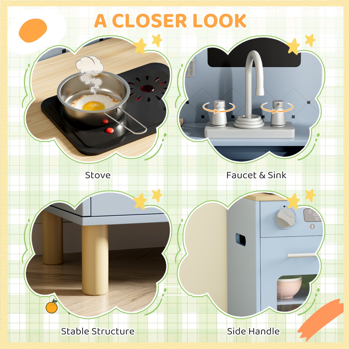 LAZY BUDDY Pretend Play Wooden Kids Kitchen Set, Toddler Toy Kitchen Playset with Graffiti Blackboard, Oven, Sink & Clicking Knobs