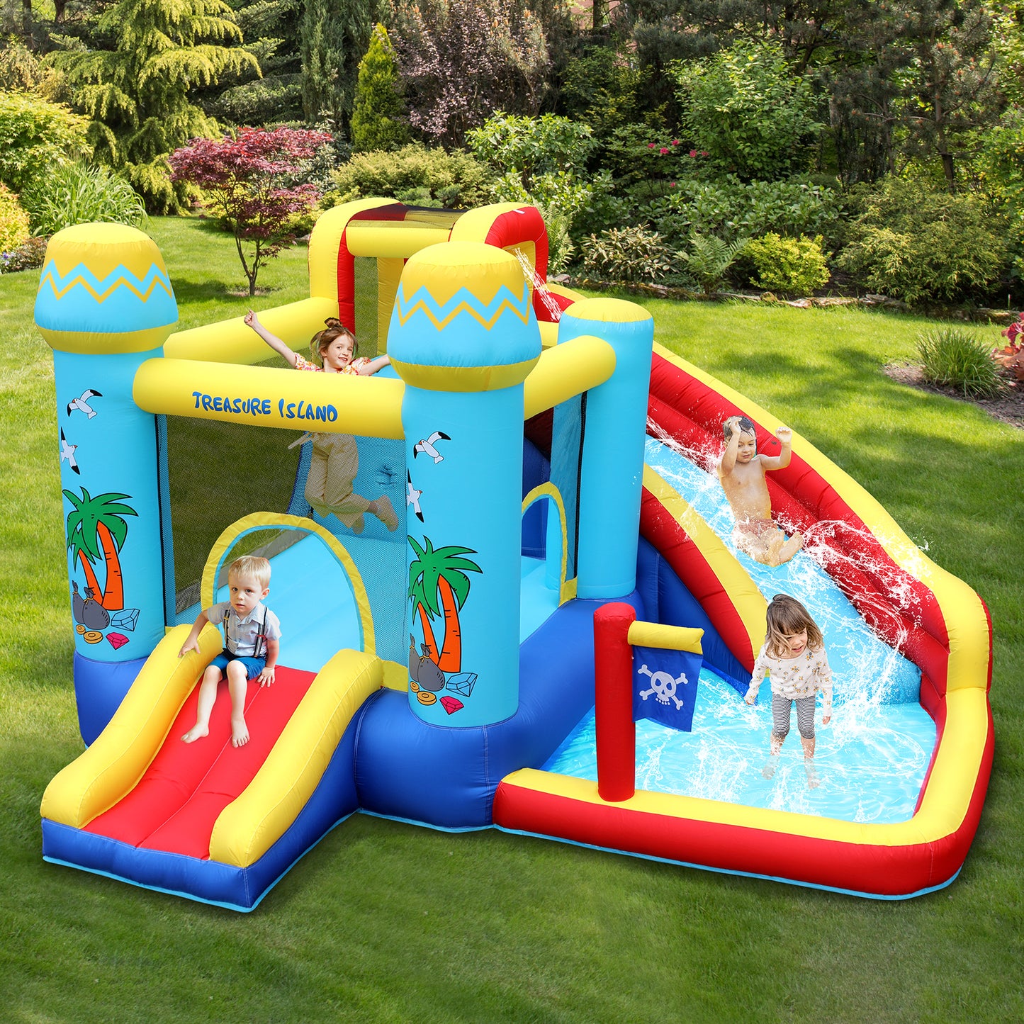 LAZY BUDDY Inflatable Bounce House with Blower, Outdoor Yard Water Slide Bounce House with Splash Pool & Jumping Area for Kids 3-12 Years