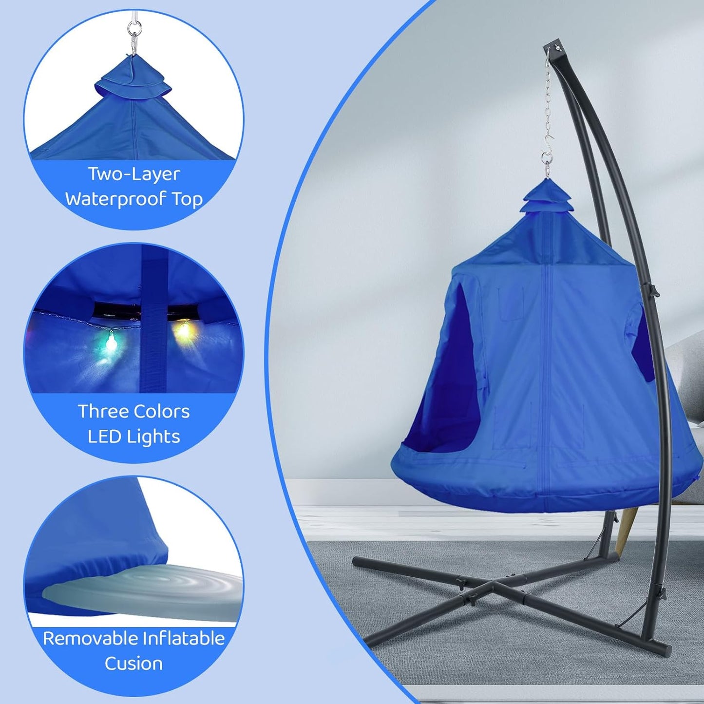 LAZY BUDDY Hanging Tree Tent with Metal Stand, Hanging Hammock X-Stand w/ Swing Tent, Steel Frame, LED Lights, Max 330lb(Blue)