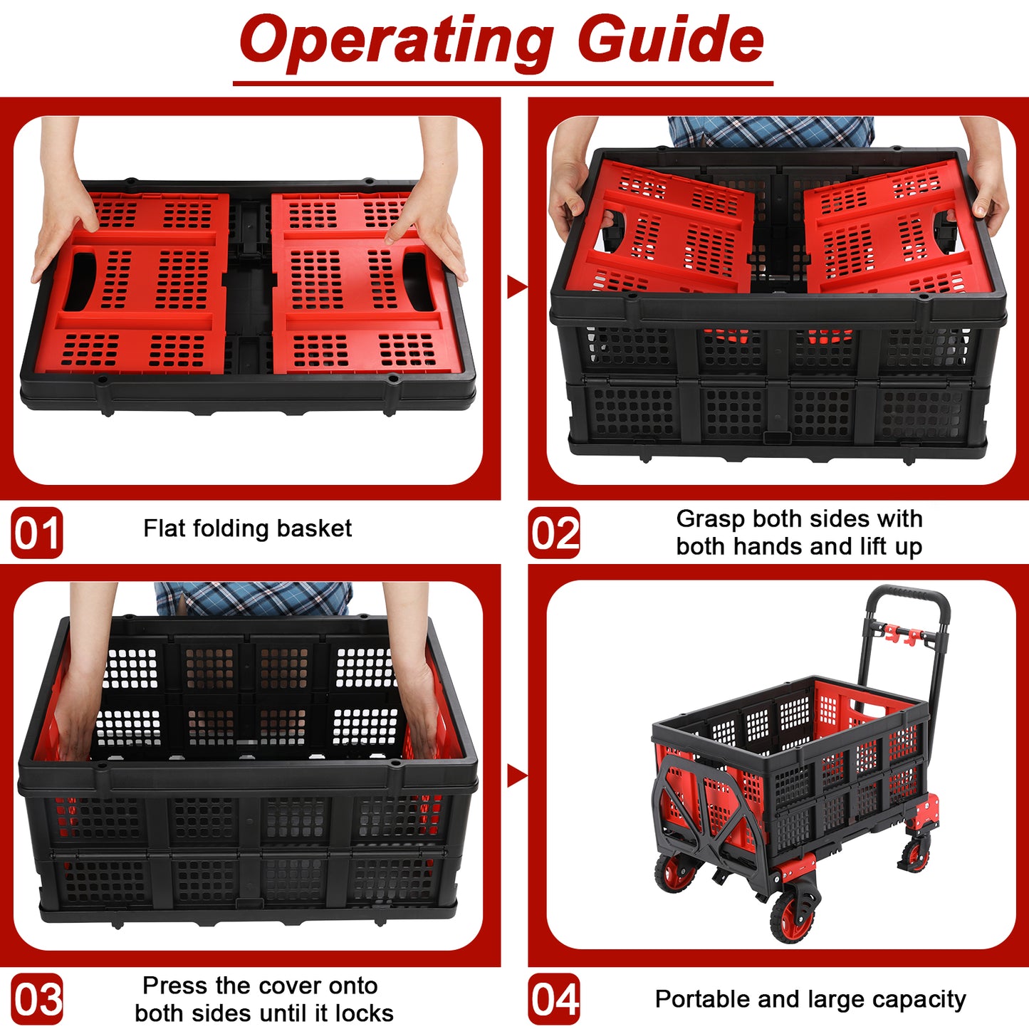 LAZY BUDDY Folding Hand Truck Dolly, 2-in-1 Heavy-duty Platform Cart with 22" Folding Basket, Collapsible Utility Luggage Dolly Cart, Red, 330LBS