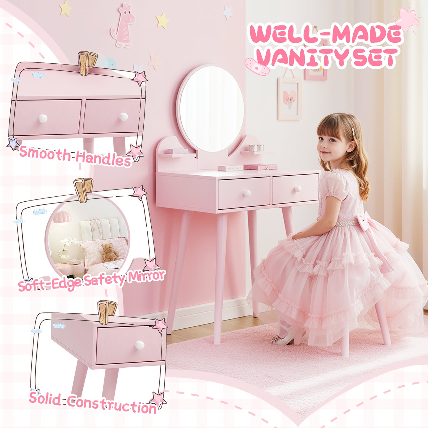 LAZY BUDDY Wooden Kids Vanity Set with Stool and Mirror, Girls Princess Makeup Desk Dressing Table with Drawers for Toddlers 3+