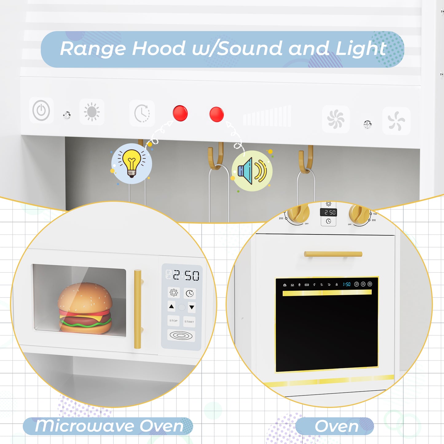 LAZY BUDDY Kids Kitchen Playset, Interactive Toy with Lights and Sounds, Toddlers Wooden Kitchen Playset with 5 Accessories