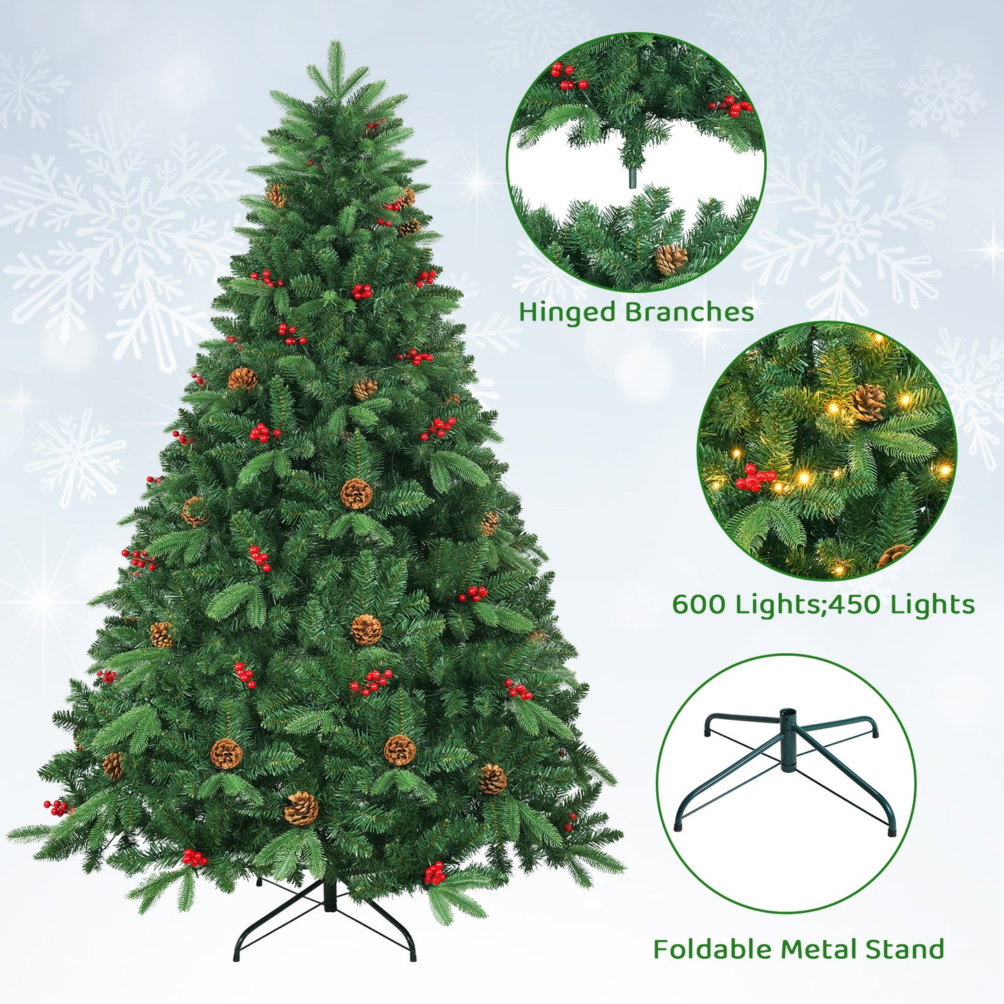 LAZY BUDDY 8/9 ft Prelit Artificial Christmas Trees, Hinged Spruce Pine Xmas Tree W/ Warm-White LED Lights, Pine Cones, Red Berries for Indoor Home Party Festival Holiday Decor