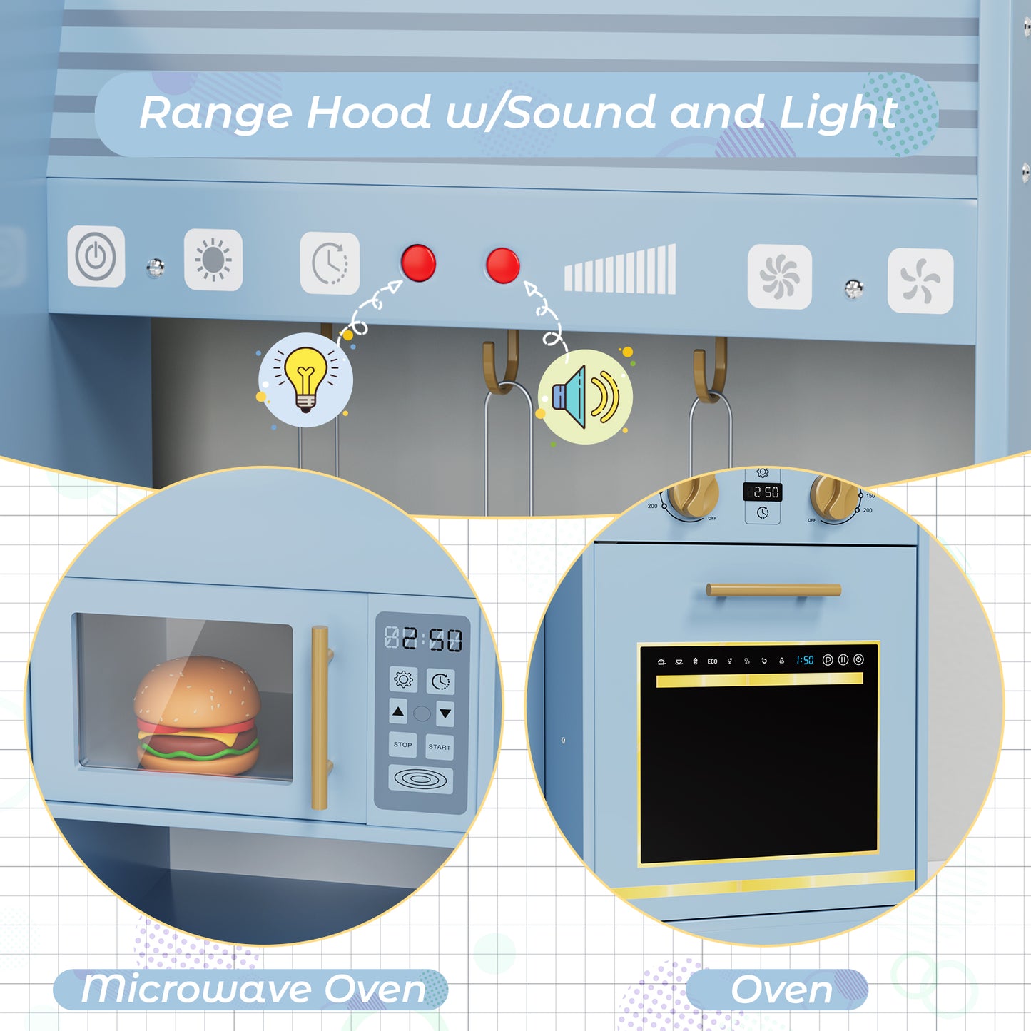 LAZY BUDDY Kids Kitchen Playset, Interactive Toy with Lights and Sounds, Toddlers Wooden Kitchen Playset with 5 Accessories