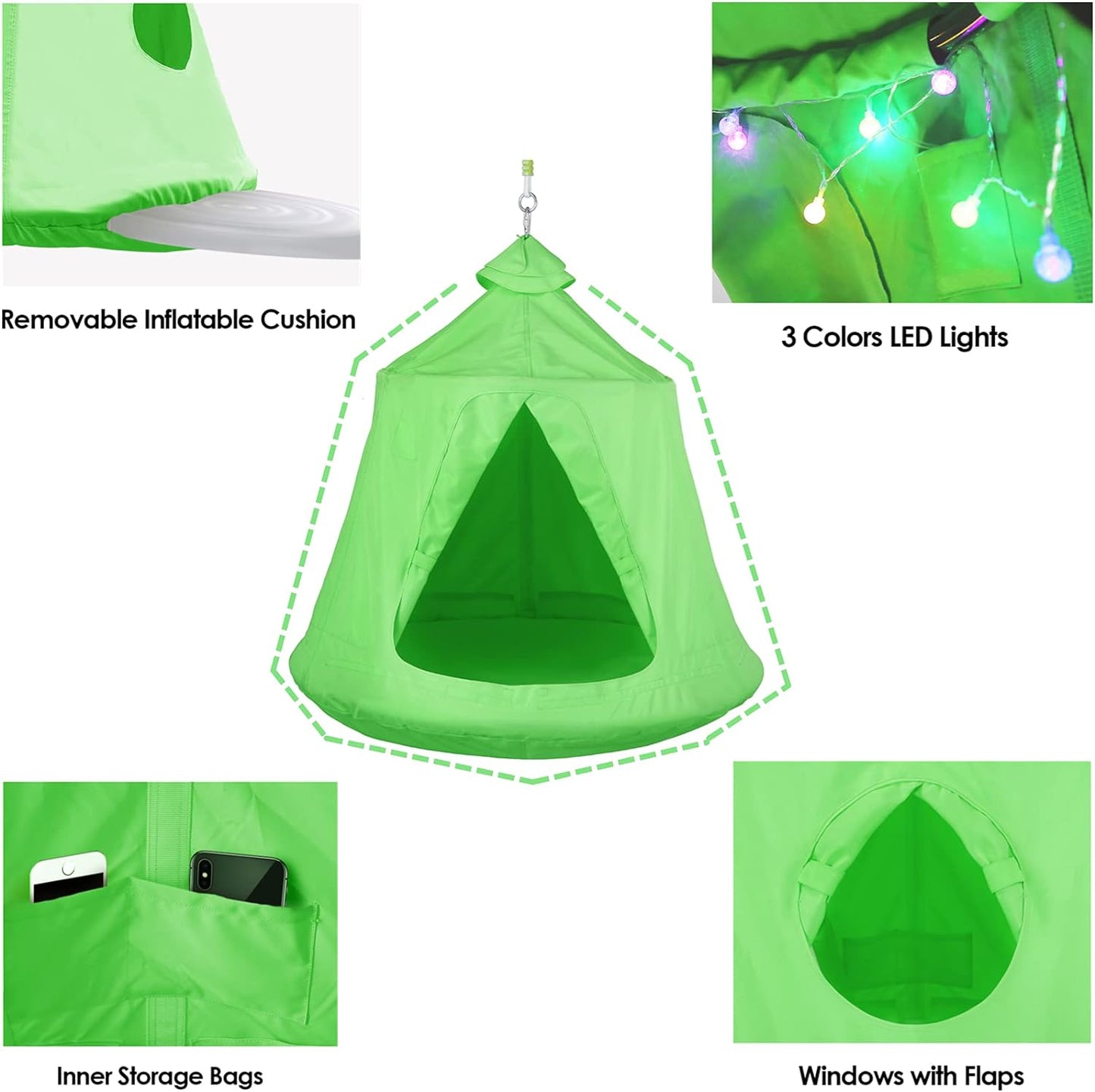 LAZY BUDDY Hanging Tree Tent with Stand, Hammock Chair Set, Swing Tent with Adjustable X-Stand and LED Light, for Bedroom Porch Balcony Garden (Green)