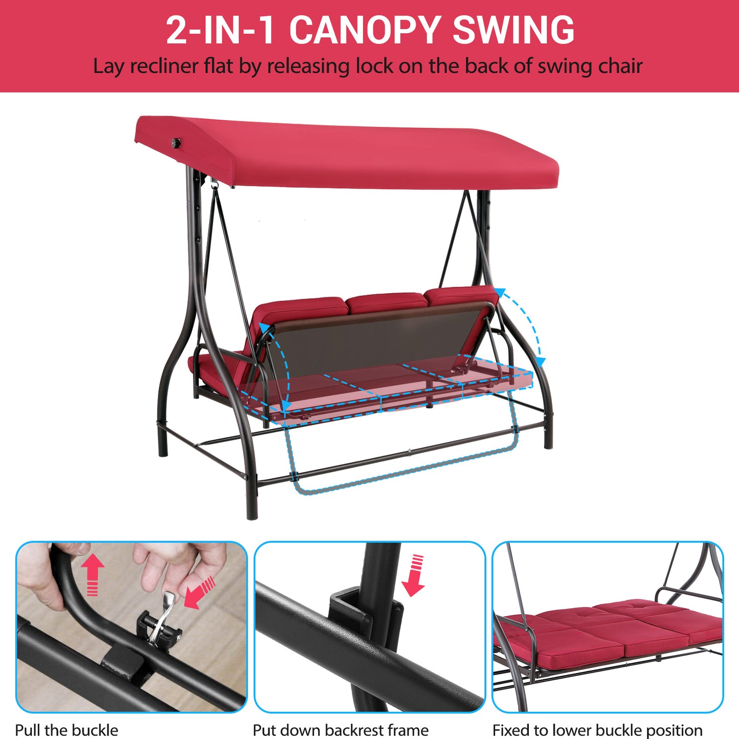 LAZY BUDDY Patio Swing Chair 3-Seat Converting Swing Glider Hammock for Garden, Backyard, Black, Burgundy