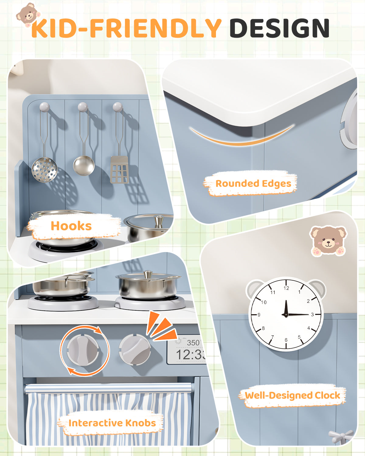 LAZY BUDDY Kids Play Kitchen, Wooden Kitchen Playset for Toddlers Interactive Pretend Play Toy with Clicking Knobs, Sink & Clock