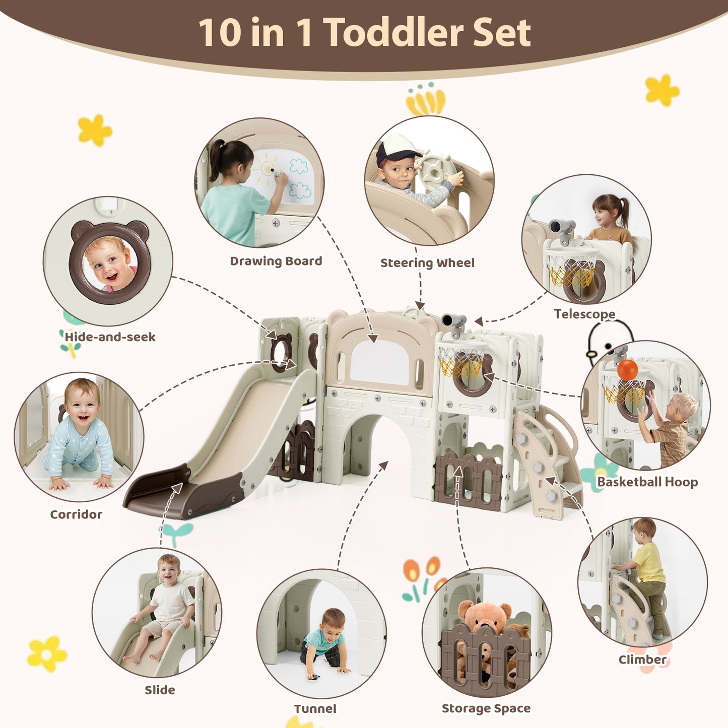 LAZY BUDDY 10 in 1 Toddler Slide, Freestanding Kids Slide and Climber Playset Indoor Outdoor Slide with Basketball Hoop, Telescope and Storage Space