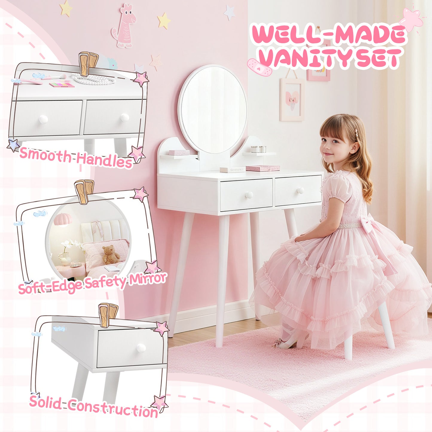 LAZY BUDDY Wooden Kids Vanity Set with Stool and Mirror, Girls Princess Makeup Desk Dressing Table with Drawers for Toddlers 3+