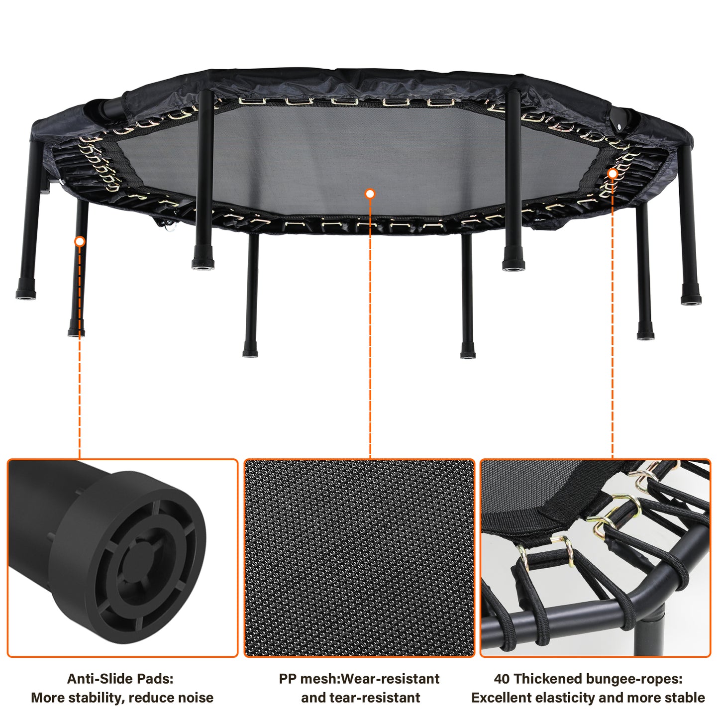 GARTIO 50" Fitness Trampoline Silent Mini Trampoline Bungee Rebounder Jumping Cardio Trainer Workout for Kids Adults Max Limit 330 lbs