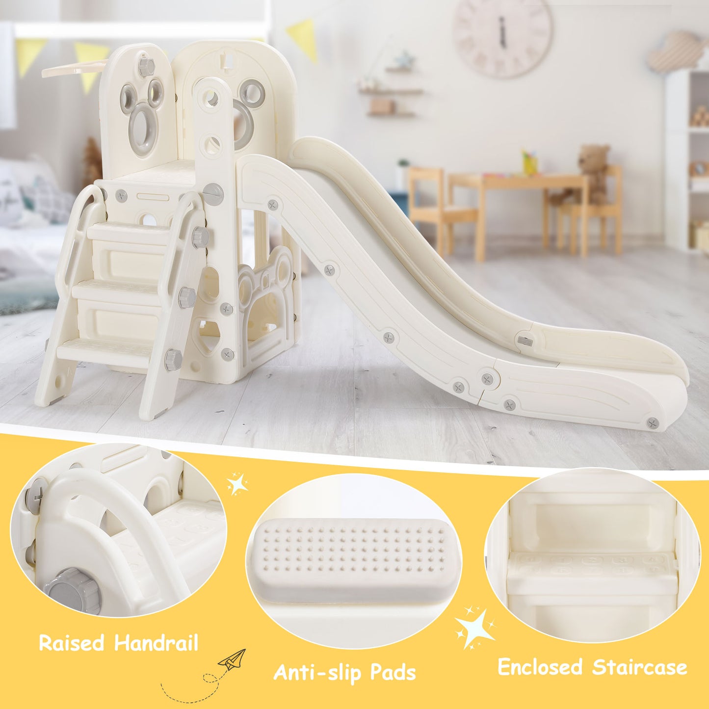 LAZY BUDDY Toddler Slide, 4-in-1 Kids Slide Play Climber, Freestanding Slide with Basketball Hoop, Baby Playset Indoor Outdoor Children Toys for Boys Girls White