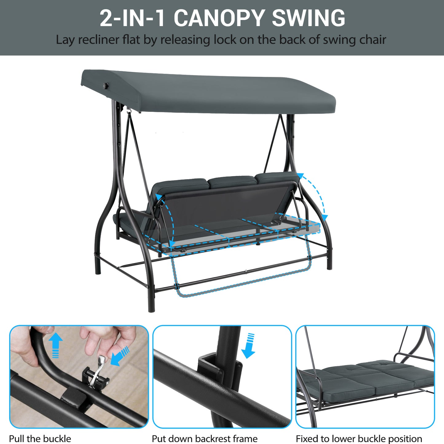 LAZY BUDDY Outdoor Patio Swing Chair, 3 Person Porch Swing with Adjustable Canopy, Removable Cushion for Outdoor Backyard, Garden, Poolside, Gray