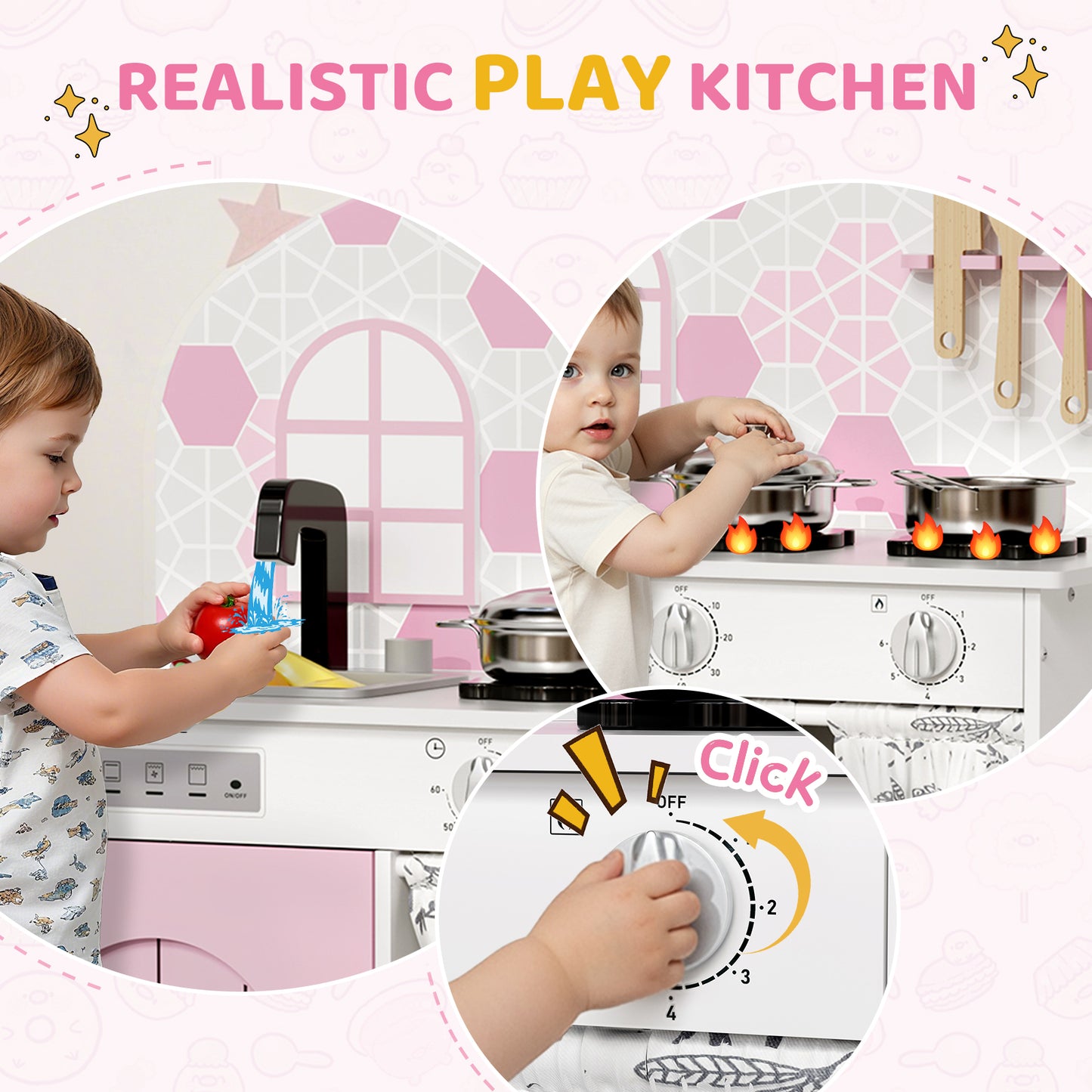 LAZY BUDDY Kids Kitchen Playset, Wooden Pretend Play Kitchen Toddler Interactive Toy with 5 Accessories