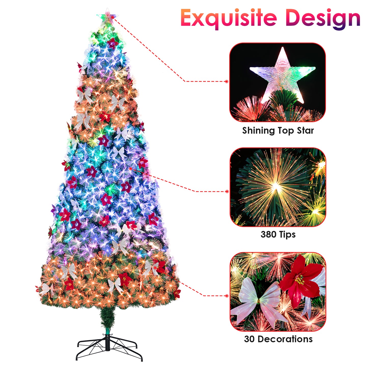 LAZY BUDDY Pre-Lit Christmas Trees, Fiber Optic Slim Pencil Xmas Tre with LED Lights, Top Star Light, Artificial Flowers, Foldable Metal Stand