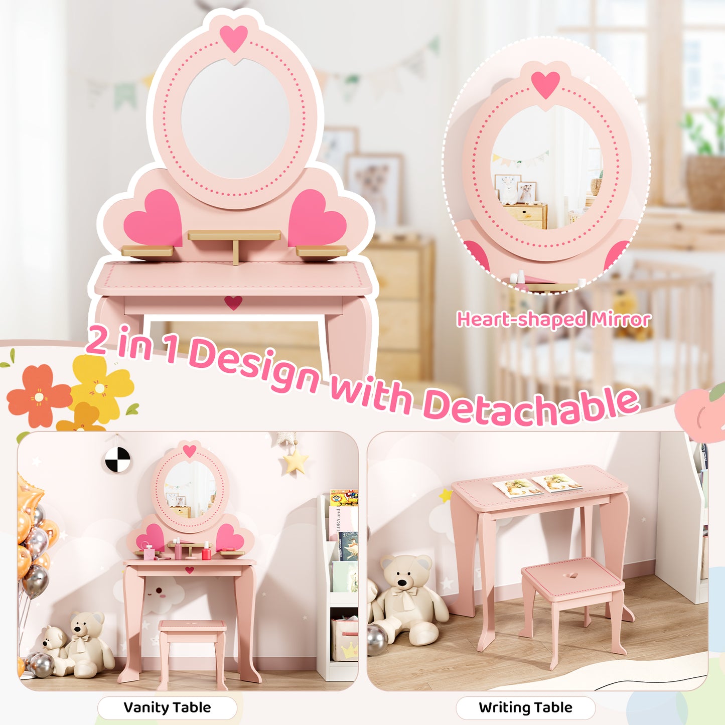 LAZY BUDDY Kids Vanity Set, Wooden Vanity Table and Chair with Mirror, Including 8pcs Pretend Play Makeup Accessories, Princess Dressing Makeup Table for Girls 3+