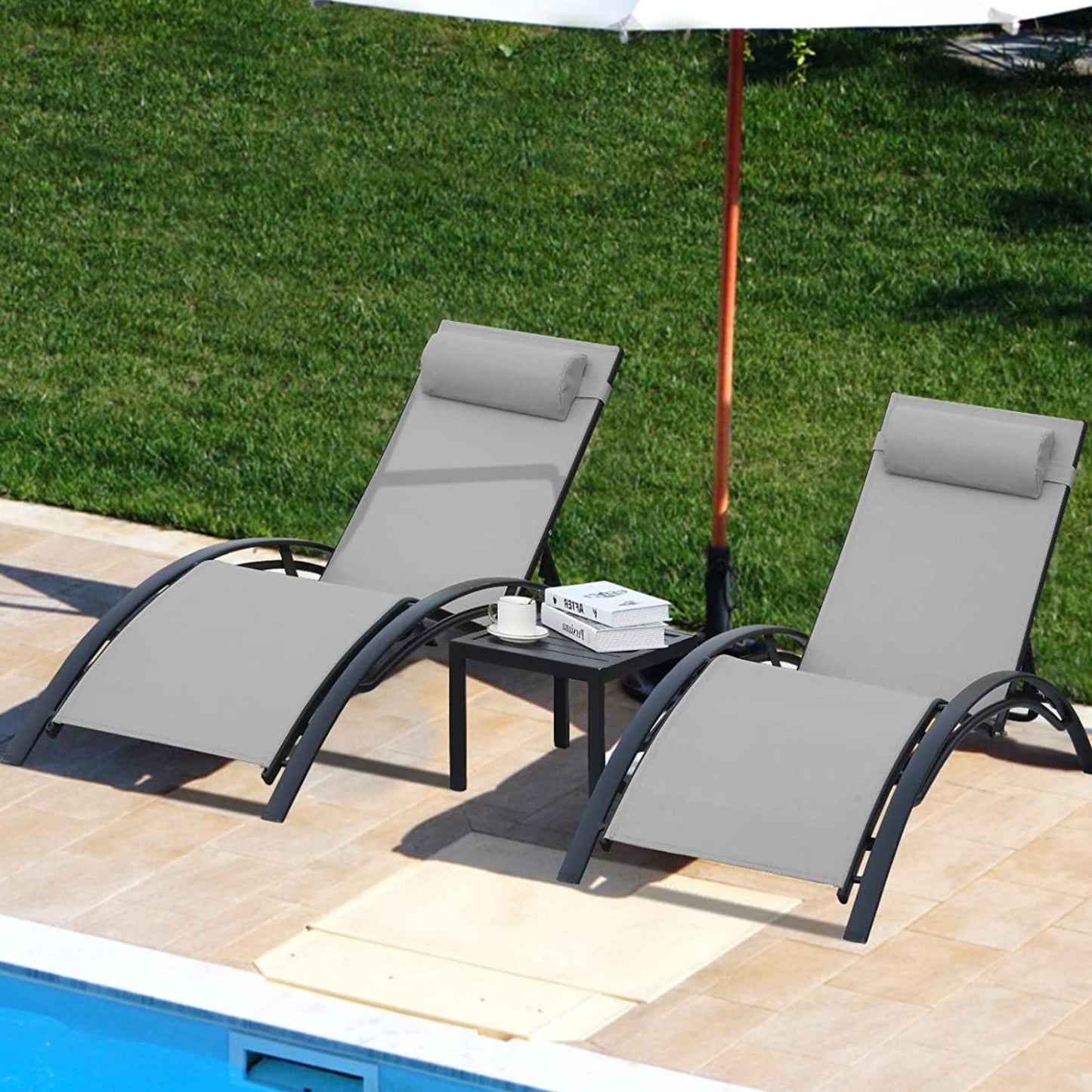 GARTIO 3 Pieces Aluminum Chaise Lounge Chair Set for Outdoor Patio, Yard, Beach, Pool Adjustable Recliner with Side Table