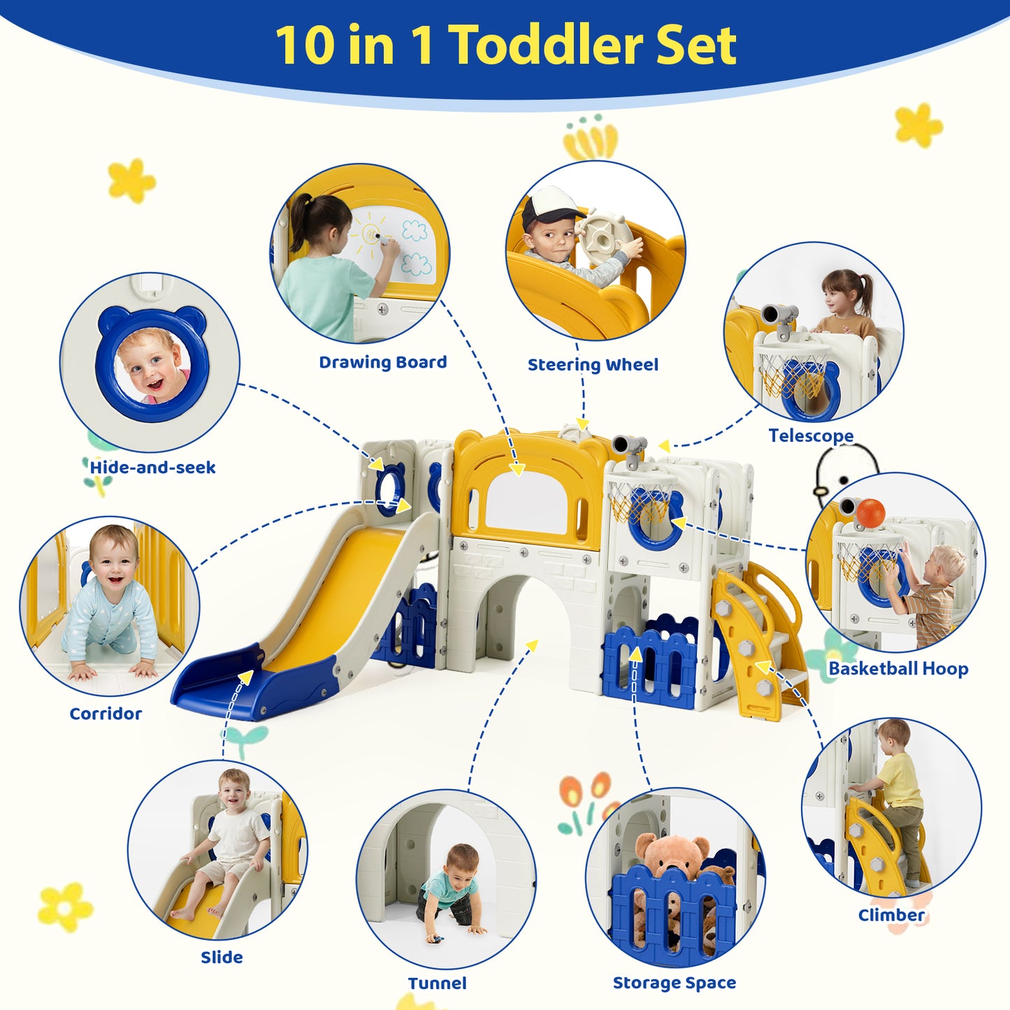 LAZY BUDDY 10 in 1 Toddler Slide, Freestanding Kids Slide and Climber Playset Indoor Outdoor Slide with Basketball Hoop, Telescope and Storage Space