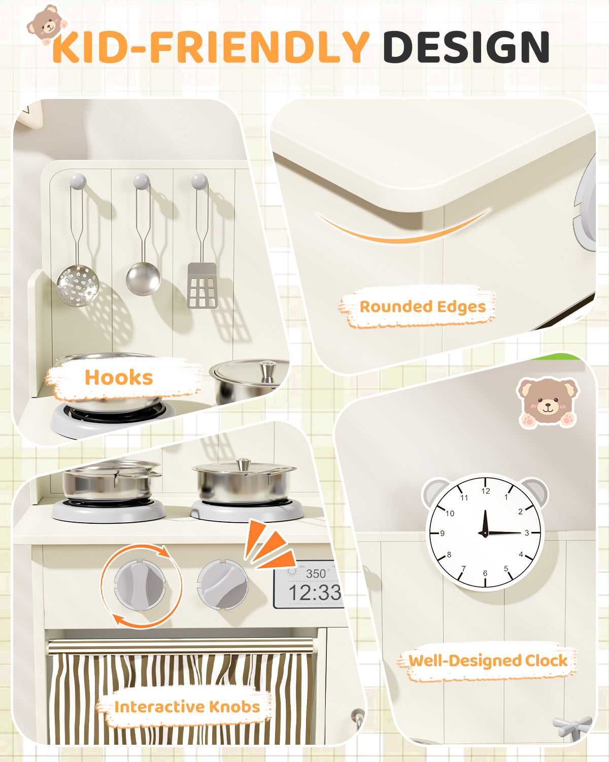 LAZY BUDDY Kids Play Kitchen, Wooden Kitchen Playset for Toddlers Interactive Pretend Play Toy with Clicking Knobs, Sink & Clock