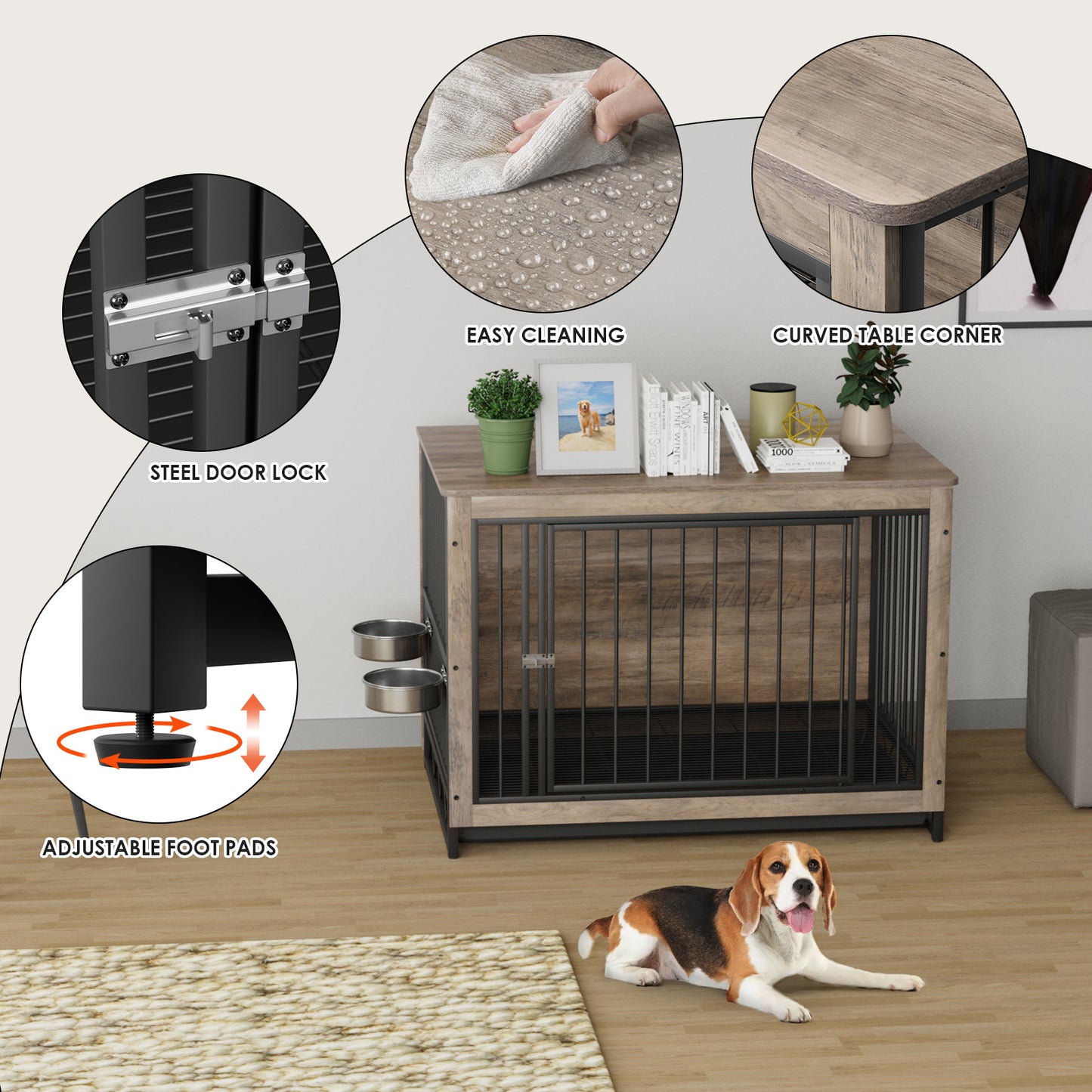 LAZY BUDDY Dog Crate, Wooden End Table Dog House with Bowls and Pull-Out Tray, Greige