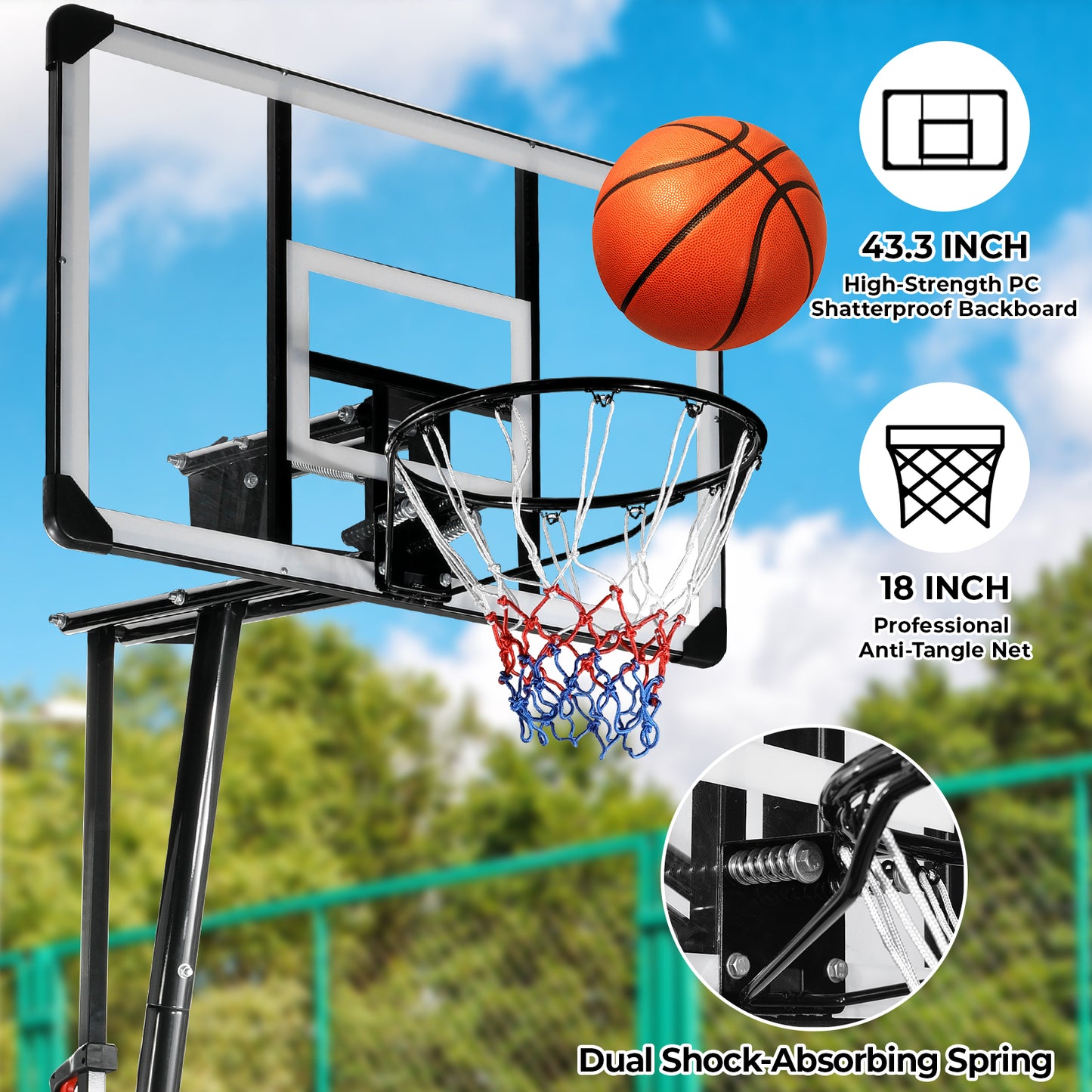 LAZY BUDDY 44" Portable Basketball Hoop Goal Basketball Hoop System Height Adjustable 8-10 FT In/Outdoor PE Backboard Material