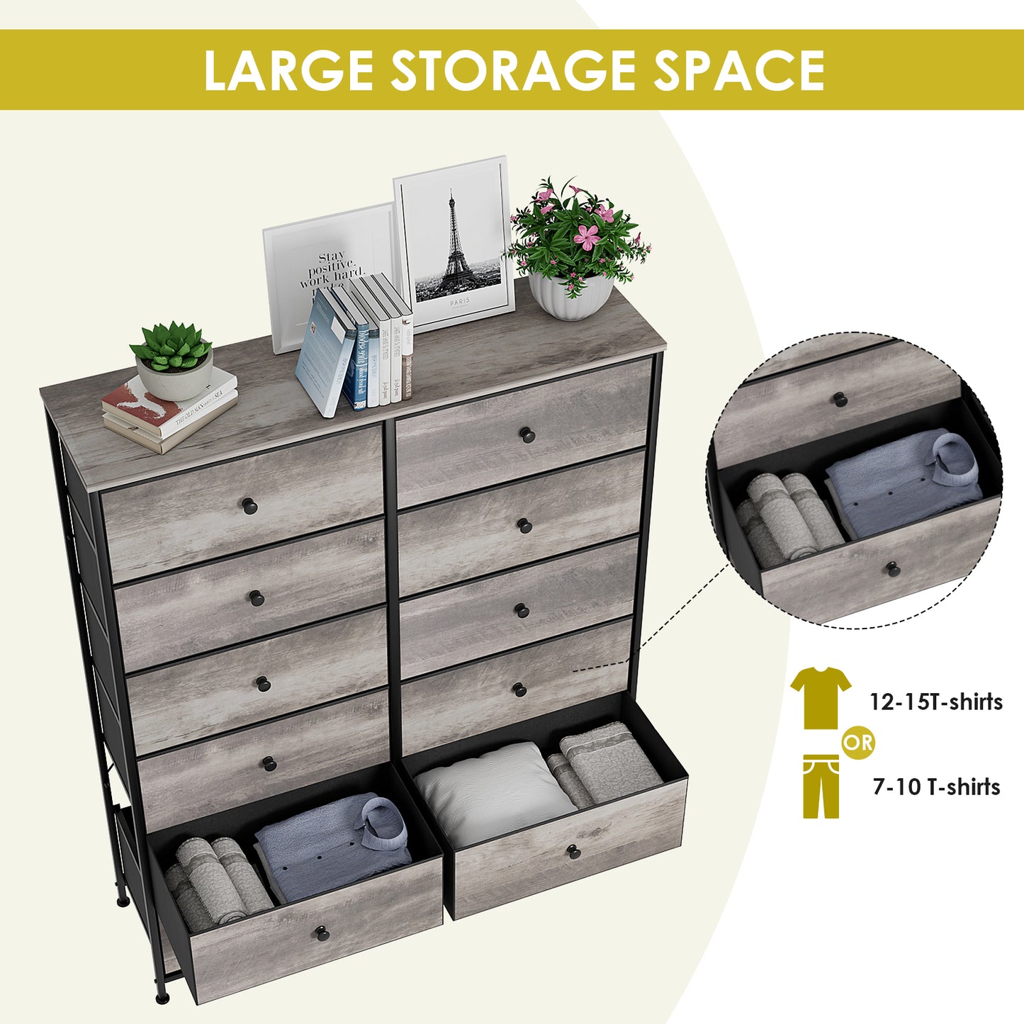 LAZY BUDDY Dresser for Bedroom, 12-drawer Fabric Dresser with Steel Frame & Wooden Top