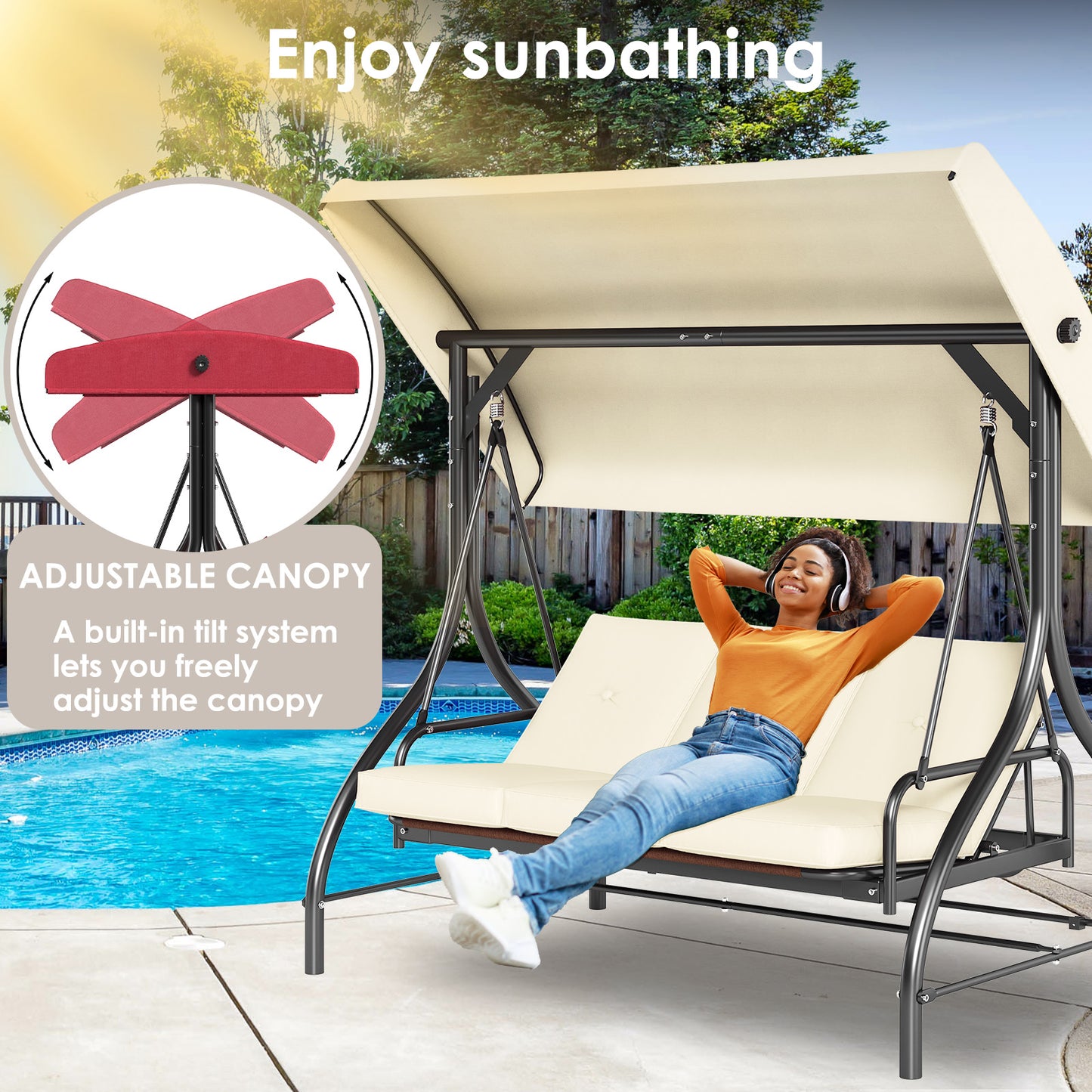 LAZY BUDDY Patio Swing Chair 3-Seat Converting Swing Glider Hammock for Garden, Backyard, Black, Burgundy