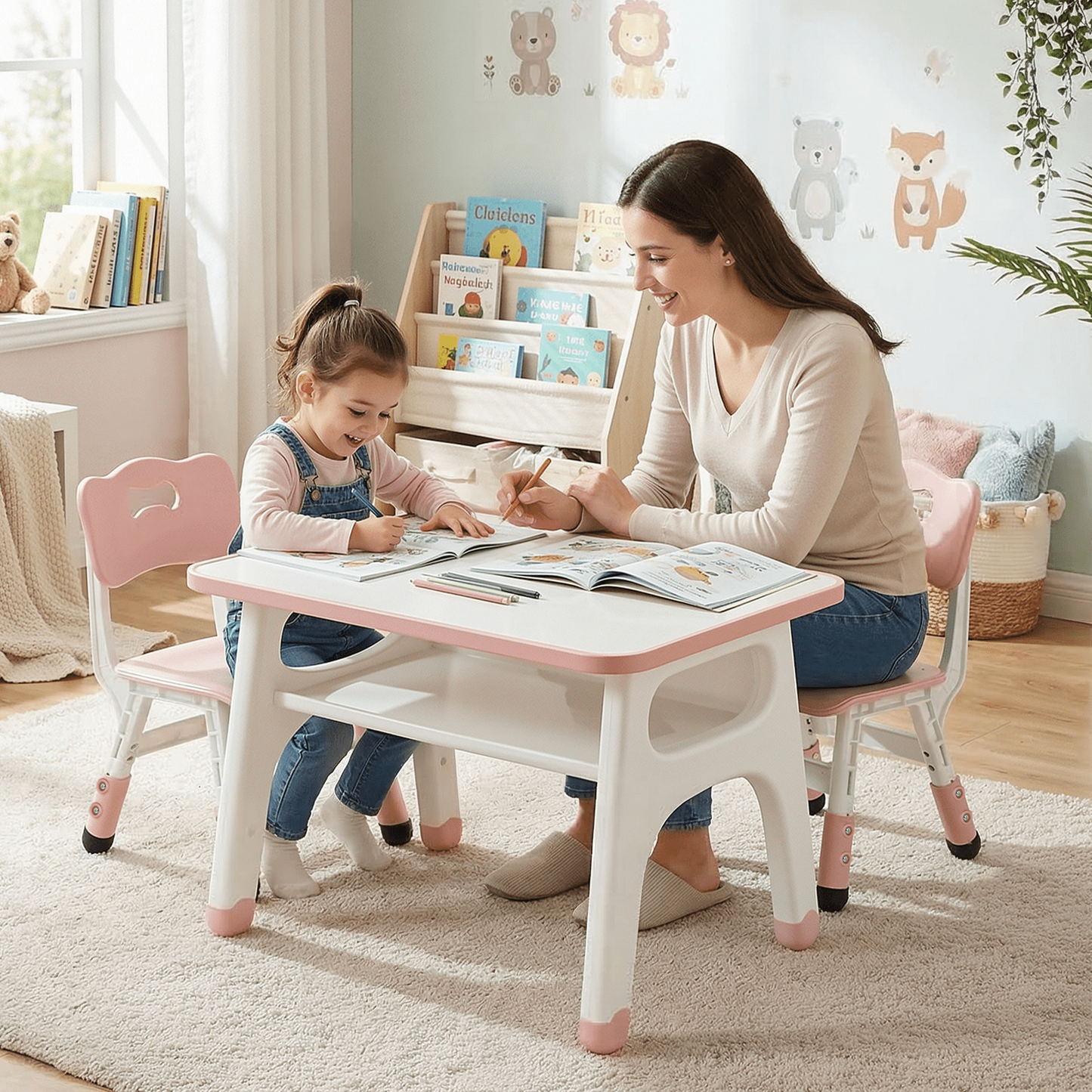 LAZY BUDDY Kids Table and 2 Chairs Set, Toddler Activity Table with Built-in Storage Shelf & Graffiti Desktop, Adjustable Chair