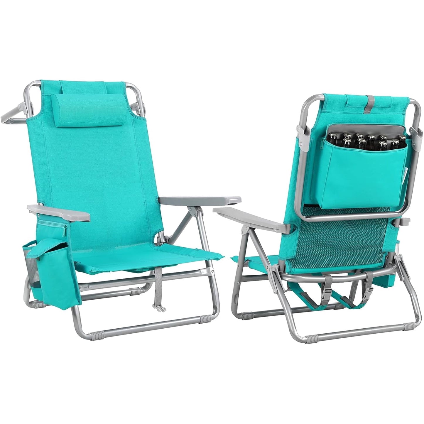 LAZY BUDDY  Low Beach Chair, Backpack Beach Chair for Adults with 5-Position, Lightweight Folding Beach Camping Chairs with Cup Holder, Storage Bag