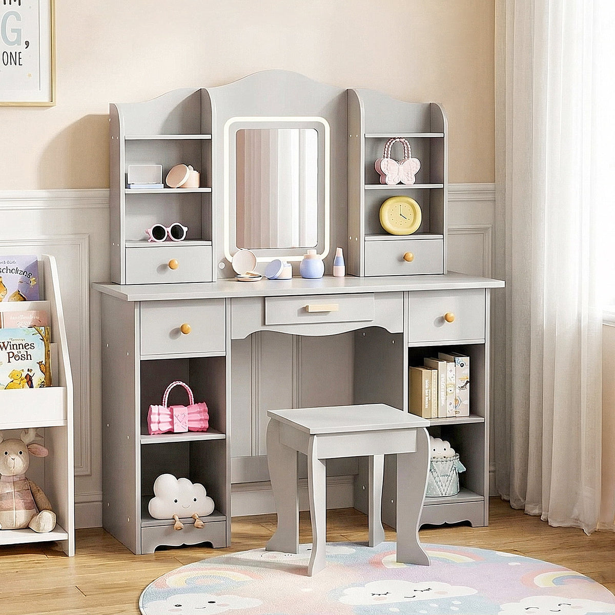 LAZY BUDDY Wooden Kids Vanity Table with Lights, Mirror and Stool, 2 in 1 Toddler Pretend Play Dressing Table with Drawers & Open Shelves for Little Girls