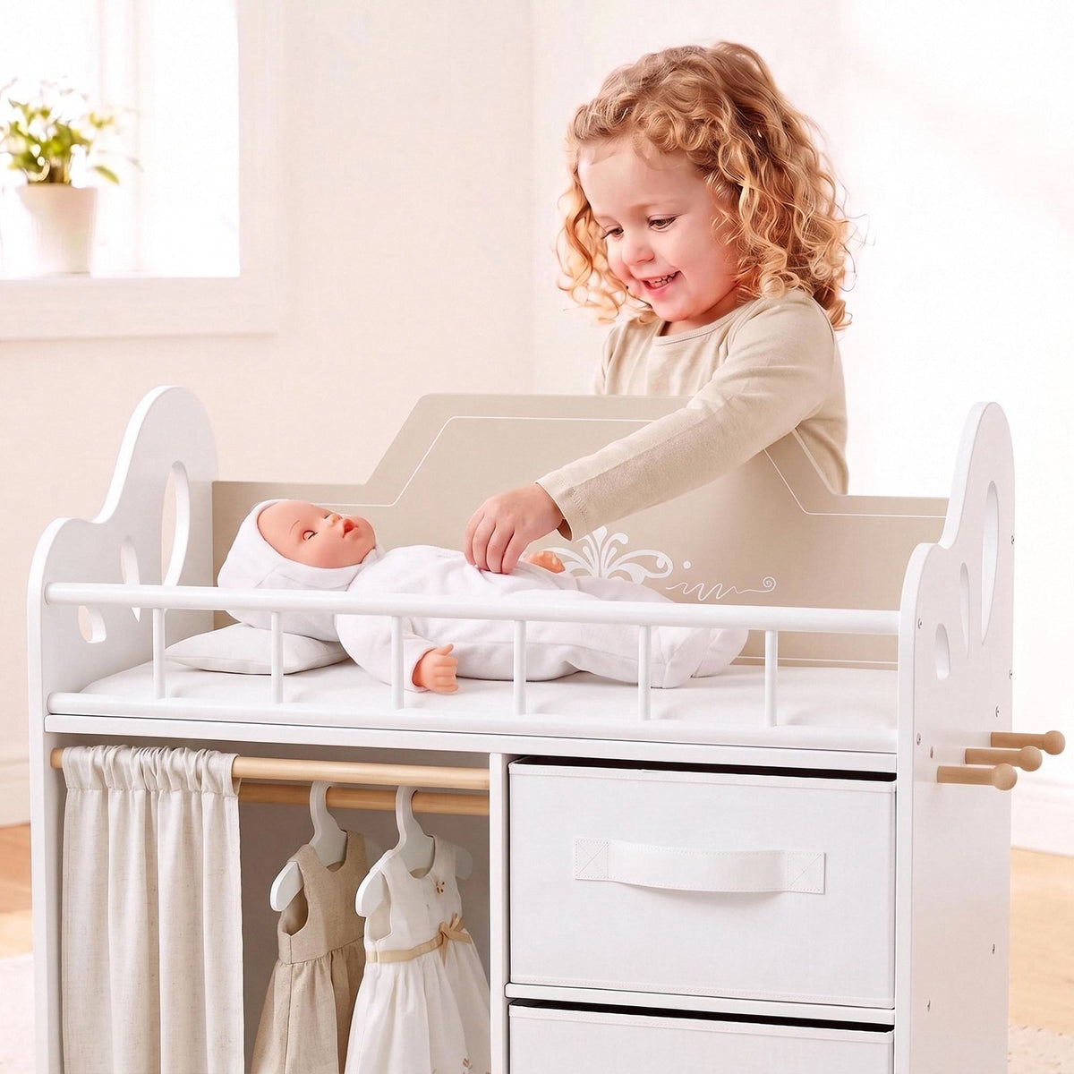 LAZY BUDDY Baby Doll Cirb, Wooden Doll Bed with 2 Storage Drawers, 2 Hangers, Pillow & Sheet