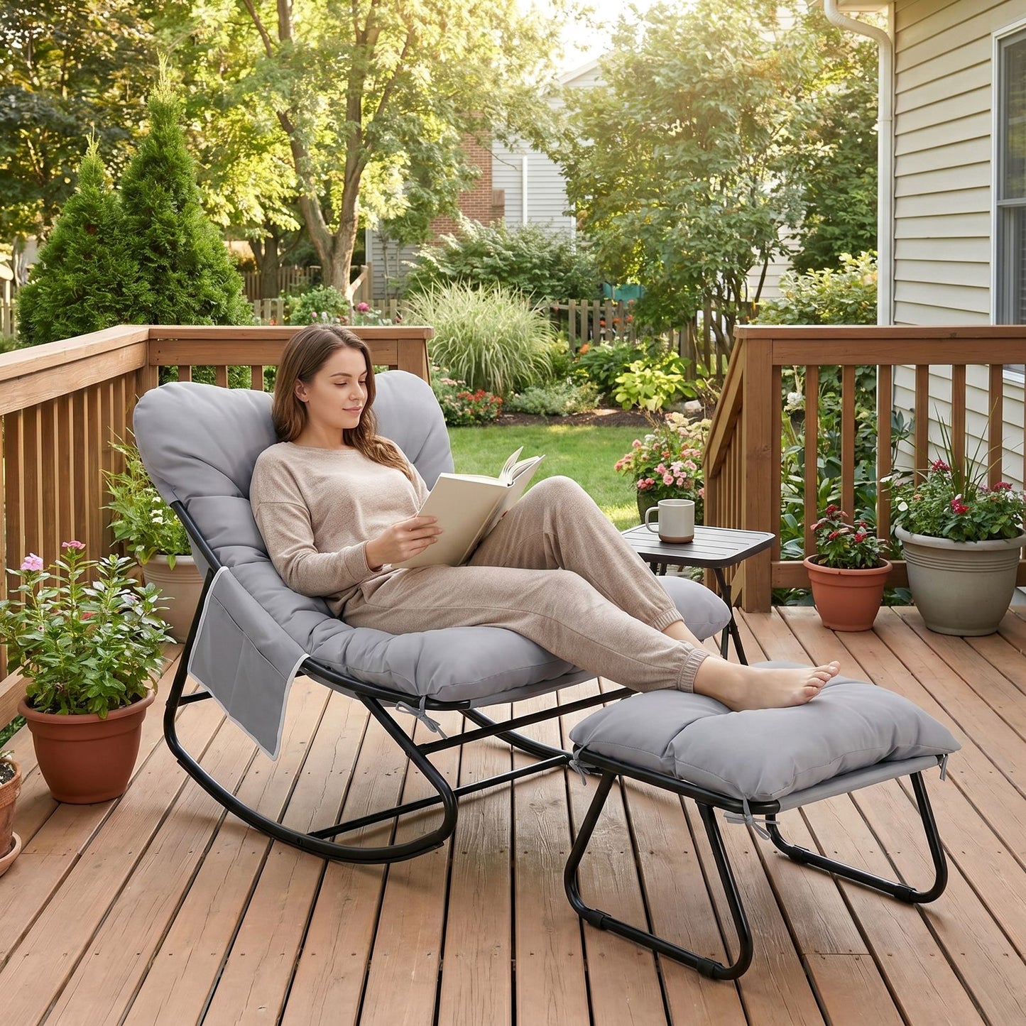 LAZY BUDDY Large Papasan Rocking Chair with Ottoman, Patio Lounge Chair Rocker with 7.4'' Thick Cushion, for Indoor Outdoor Use