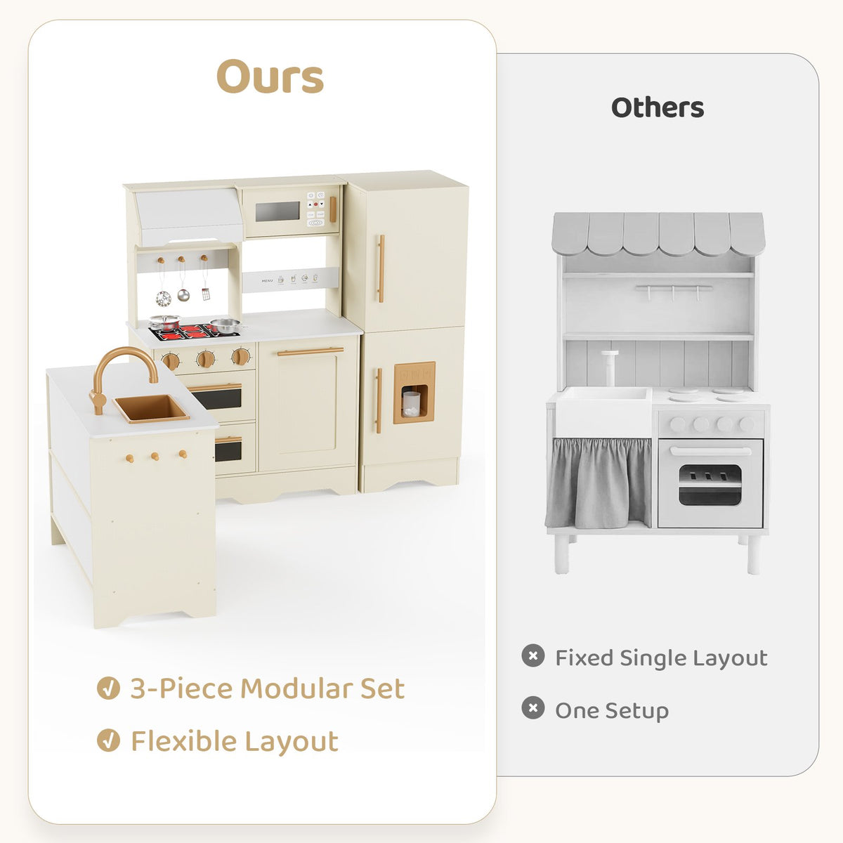 LAZY BUDDY Wooden Pretend Play Kitchen for Kids, 3-Piece Modular Kitchen Playset Toddler Interactive Toy Gift