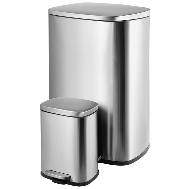 LAZY BUDDY 13.2 Gallon & 1.3 Gallon Stainless Steel Step Trash Can Combo Set, Rectangular Garbage Can for Kitchen Home Bathroom - Black/White/Silver