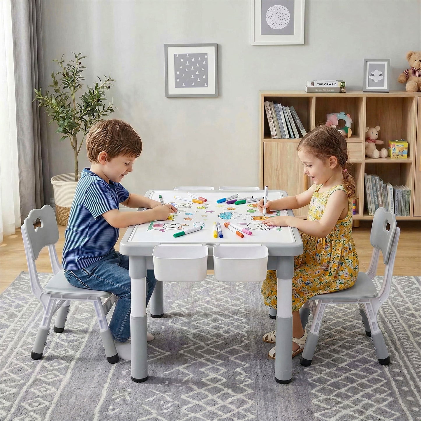 LAZY BUDDY Kids Table and Chairs Set with Storage Boxes, Height Adjustable Toddler Activity Table and 2 Chairs Set with Graffiti & Building Blocks Double-Sided Tabletop
