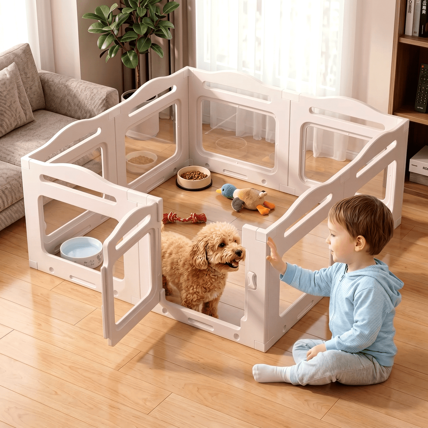 LAZY BUDDY Clear Acrylic Dog Playpen 49.6''x49.6''x23.6'', Indoor Pet Kennel with Locking Door, Plastic Safety Fence Pet Play Pen Whelping for Puppy, Kitten, Small Dogs