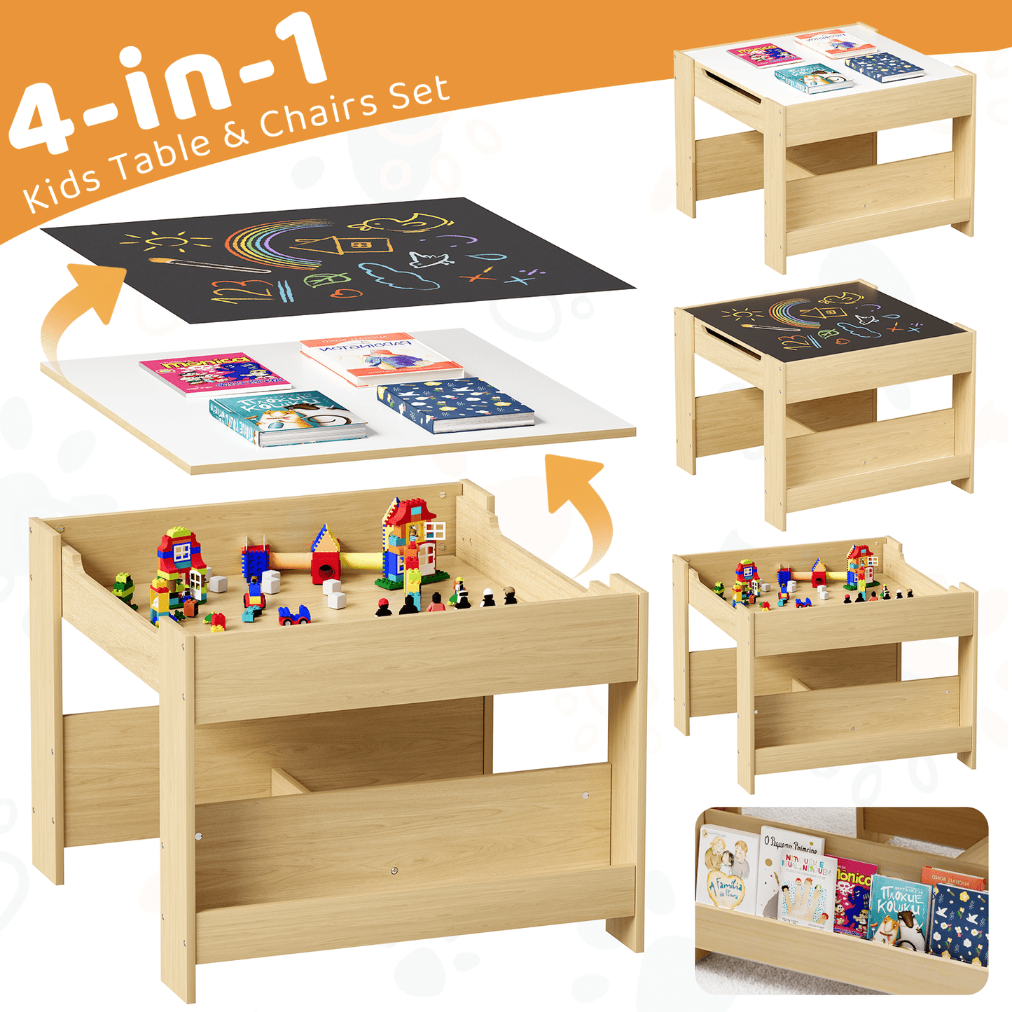 LAZY BUDDY Kids Table and Chairs Set, Toddler Desk with Storage Drawer, Wooden Activity Table Set with Detachable Tabletop, Bookshelf for Classroom/Home/Nursery