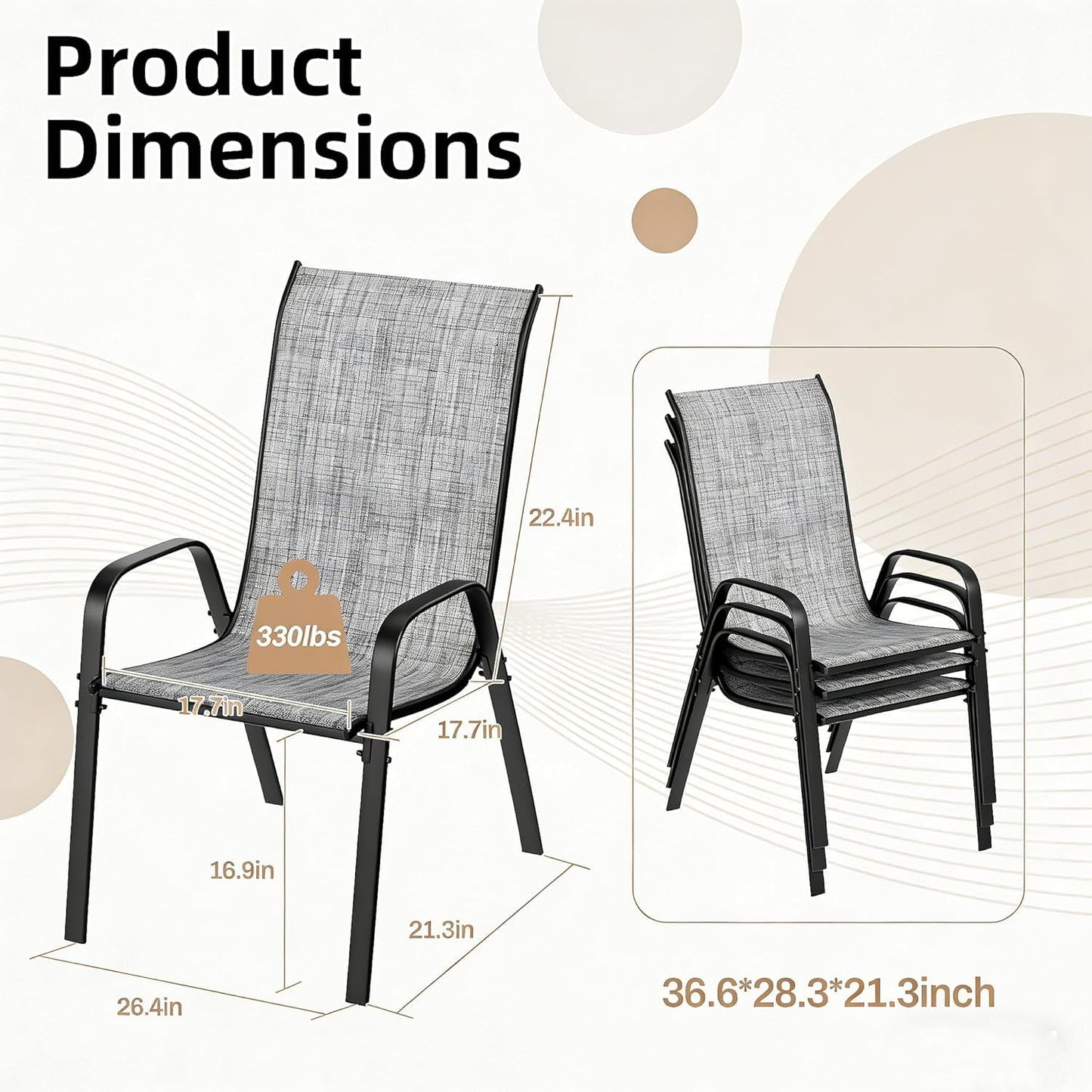 LAZY BUDDY Patio Chairs Set of 6, Stackable Outdoor Dining Chairs for All Weather Textilene Fabric & Metal Frame, Outdoor Chairs Set for Backyard Deck Garden