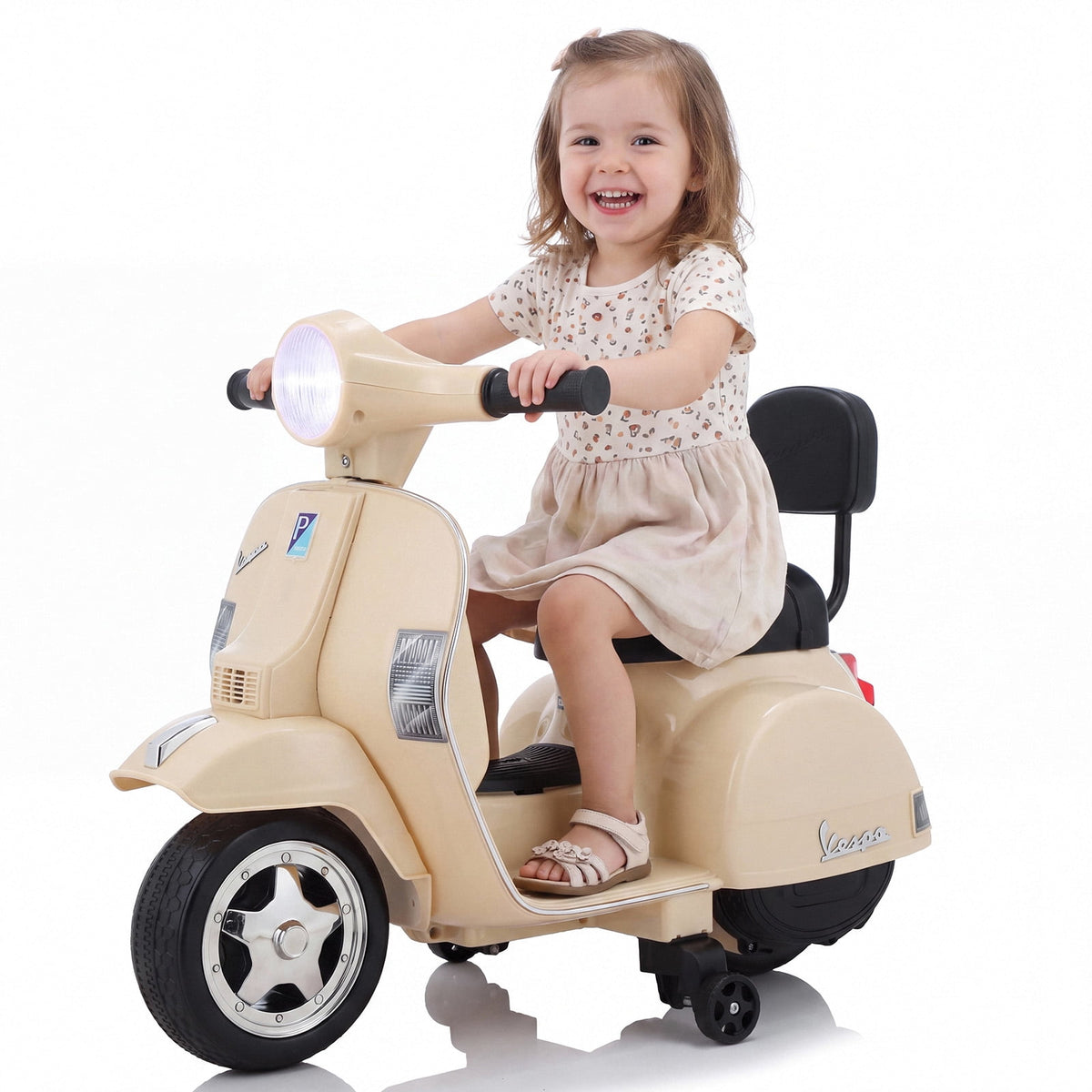 LAZY BUDDY Licensed Vespa Ride on Scooter, 6V Electric Motorcycle for Kids with Training Wheels, LED Headlight, Ride on Toy Gift for 3+