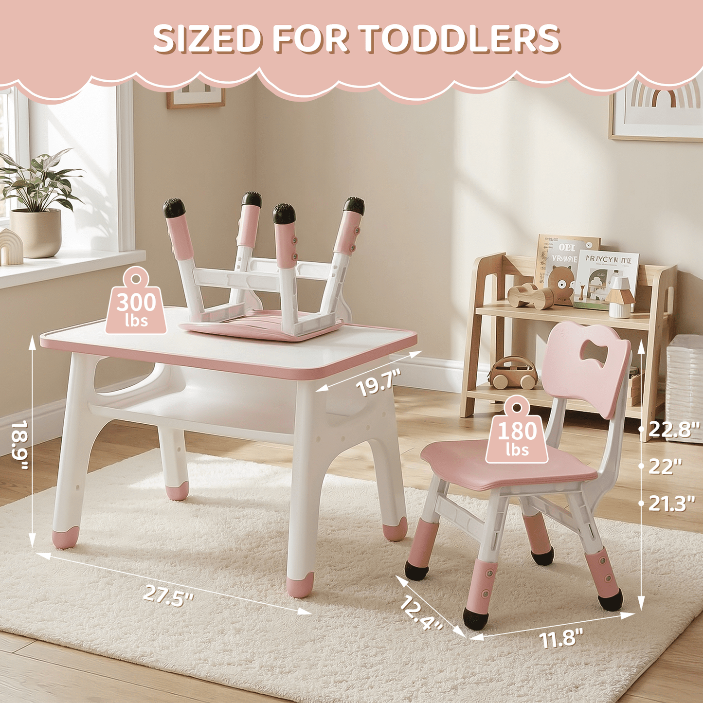 LAZY BUDDY Kids Table and 2 Chairs Set, Toddler Activity Table with Built-in Storage Shelf & Graffiti Desktop, Adjustable Chair