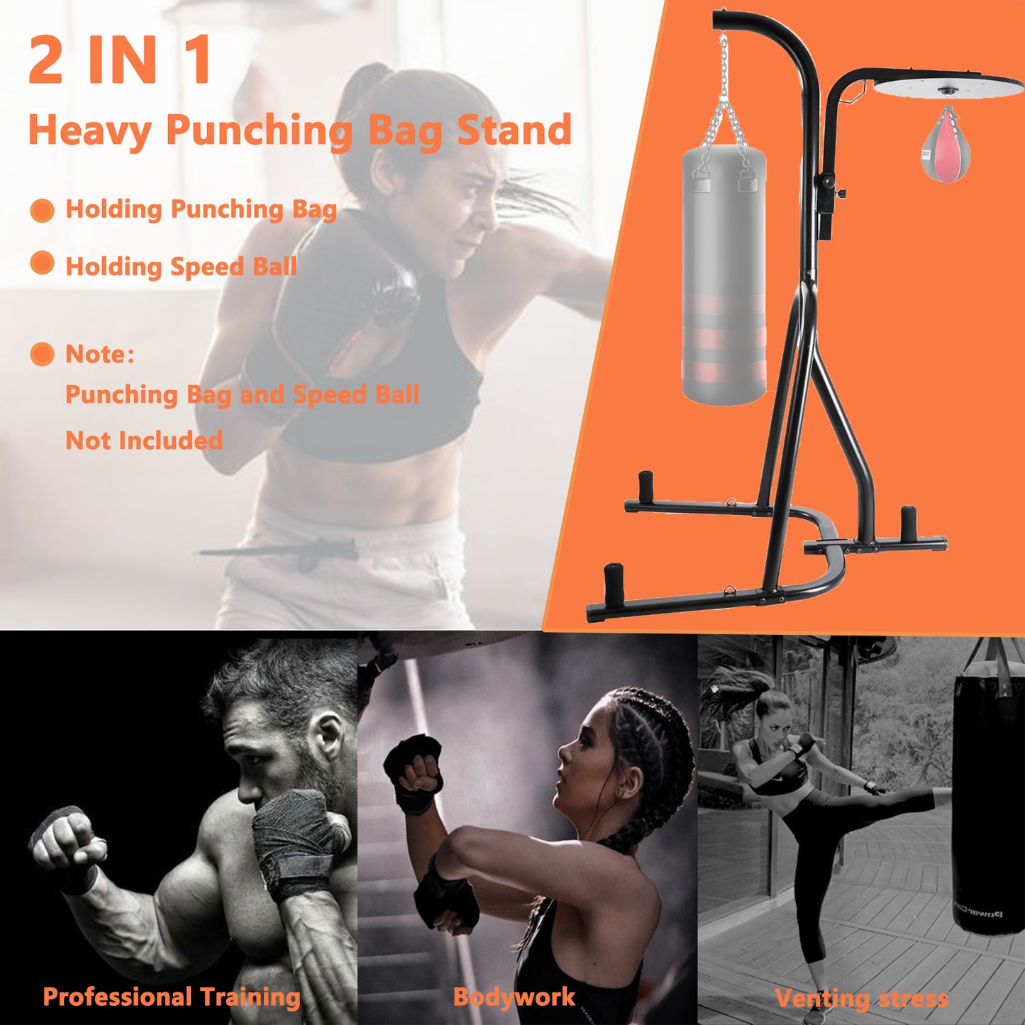 LAZY BUDDY Heavy Punching Bag Stand, Height Adjustable Boxing Stand for Heavy Bag and Speed Bag, with 3 Plate Pegs