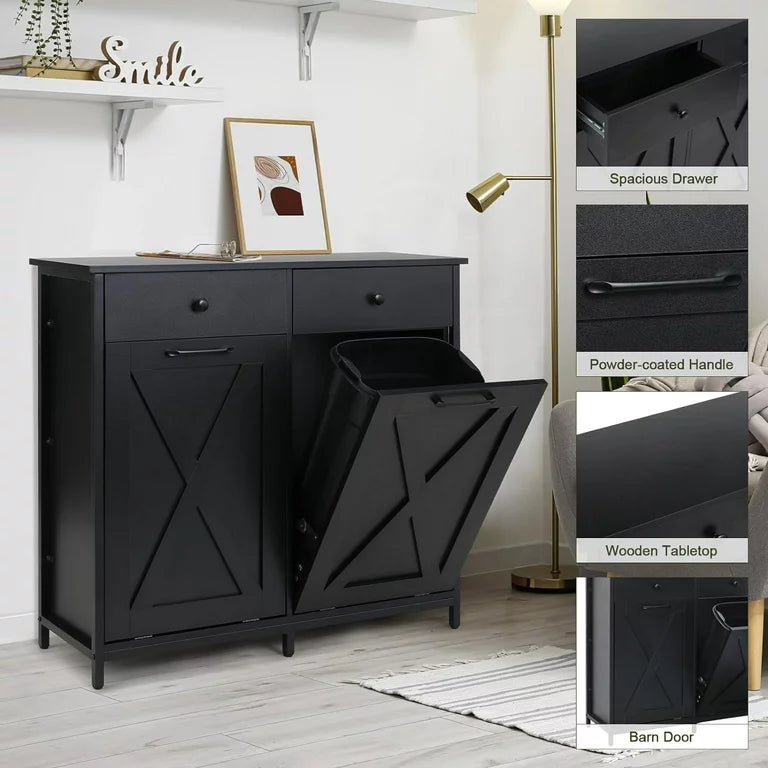 LAZY BUDDY Double Tilt Out Trash Cabinet, Wood Garbage Recycling Station Hideaway Trash Holder Drawers (Black, 2 x 10 Gallon)