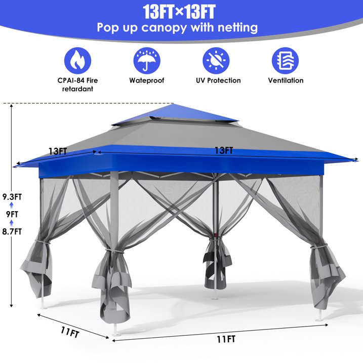 LAZY BUDDY 13ft Pop Up Gazebo, Outdoor Instant Canopy Tent w/4 Netting Sidewall & Auto Extending Eave, Patio Gazebos Shelter w/Mesh Wall, Center Lock, Wheeled Bag for Garden, Yard