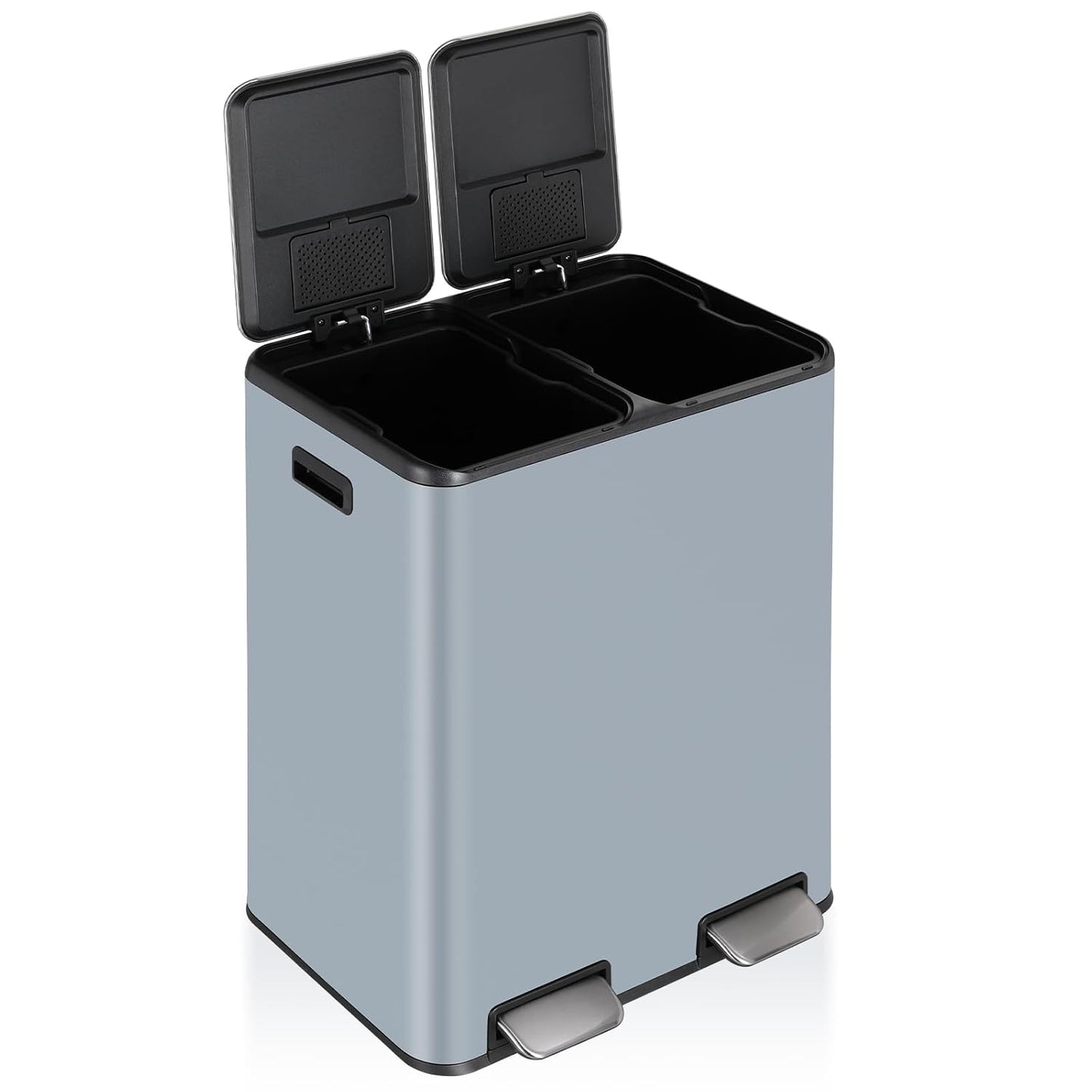 LAZY BUDDY 16 Gal Dual Kitchen Trash Can 2 x 30L Rectangular Stainless Steel Garbage Bin Recycle Waste Dustbin W/ 2 Built-in Odor Control Box