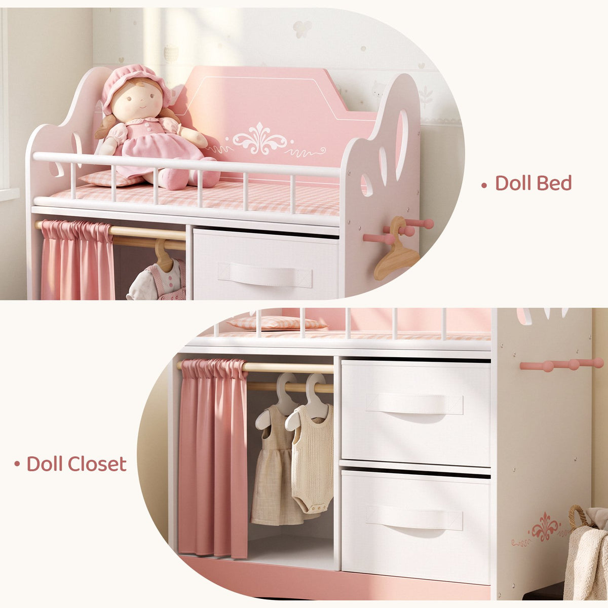 LAZY BUDDY Baby Doll Cirb, Wooden Doll Bed with 2 Storage Drawers, 2 Hangers, Pillow & Sheet