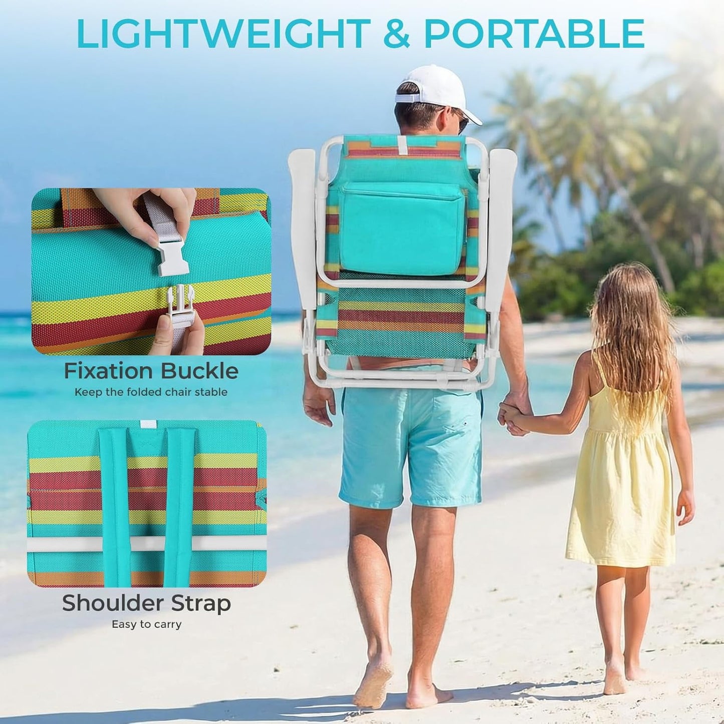 LAZY BUDDY  Low Beach Chair, Backpack Beach Chair for Adults with 5-Position, Lightweight Folding Beach Camping Chairs with Cup Holder, Storage Bag