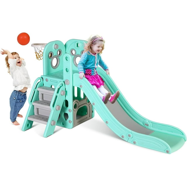 LAZY BUDDY Sturdy Kids Slide, 4 in 1 Toddler Slide and Climber Playset with Basketball Hoop & Storage Space, Non-Slip Steps, Indoor Outdoor Toys for Boys Girls