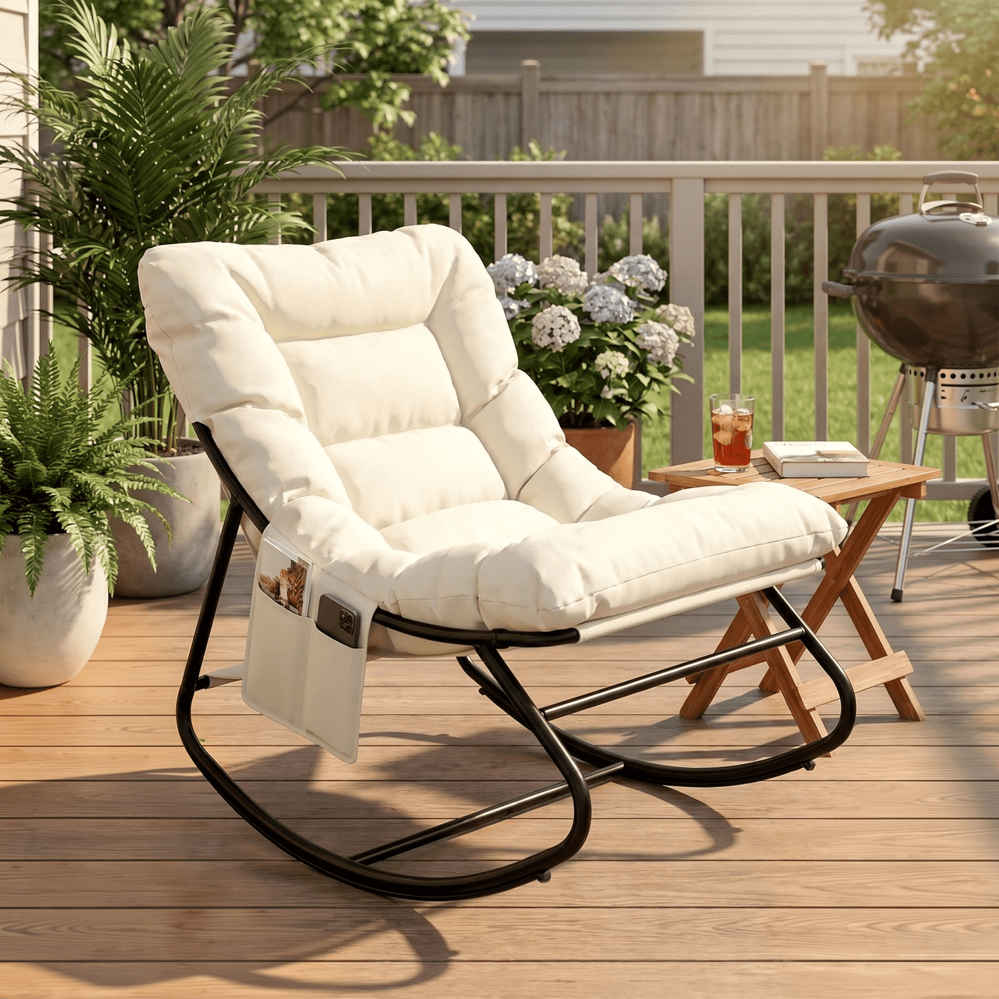 LAZY BUDDY Oversized Outdoor Rocking Chair, Comfy Papasan Rocker Chair with Thick Cushions for Living Room, Bedroom, Balcony, Patio